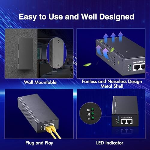 Miniatura 6 de MokerLink Inyector Gigabit PoE, 802.3afatbt 90W, Ethernet 101001000Mbps, Plug & Play, adaptador no PoE a PoE, distancia de hasta 328.1 ft (328 pies)