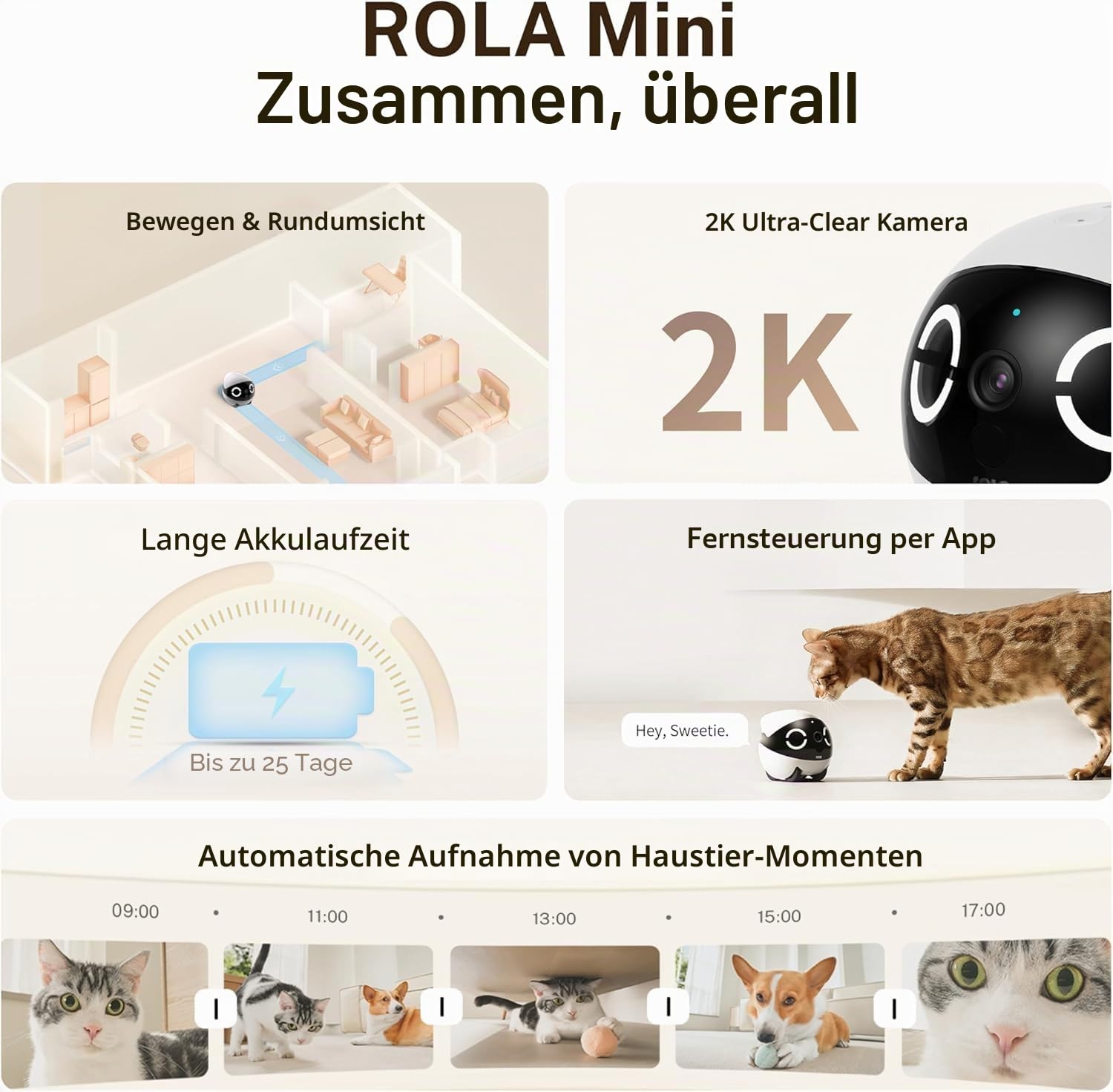 Enabot ROLA Mini Funny Pet Companion Robot, 2K Haustierkamera, Fahrbare Heimtierkamera mit One-Touch-Anruf & 2-Wege-Audio, Katzen Kamera mit IR-Nachtsicht & 5000 mAh Akku