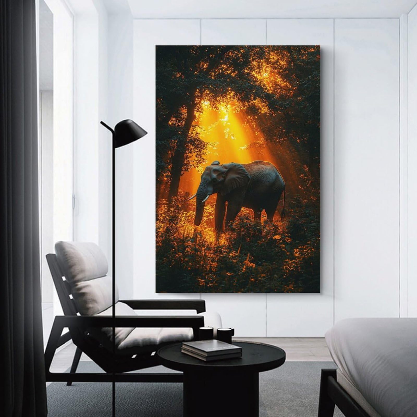 Junmoney Unframe-Style-19 Elephant In Forest With Golden Light Canvas Wall Art, 20X30inch(50X75cm), For Living Room, Bedroom Or Apartment Walls, Decorative Artwork For Empty Walls
