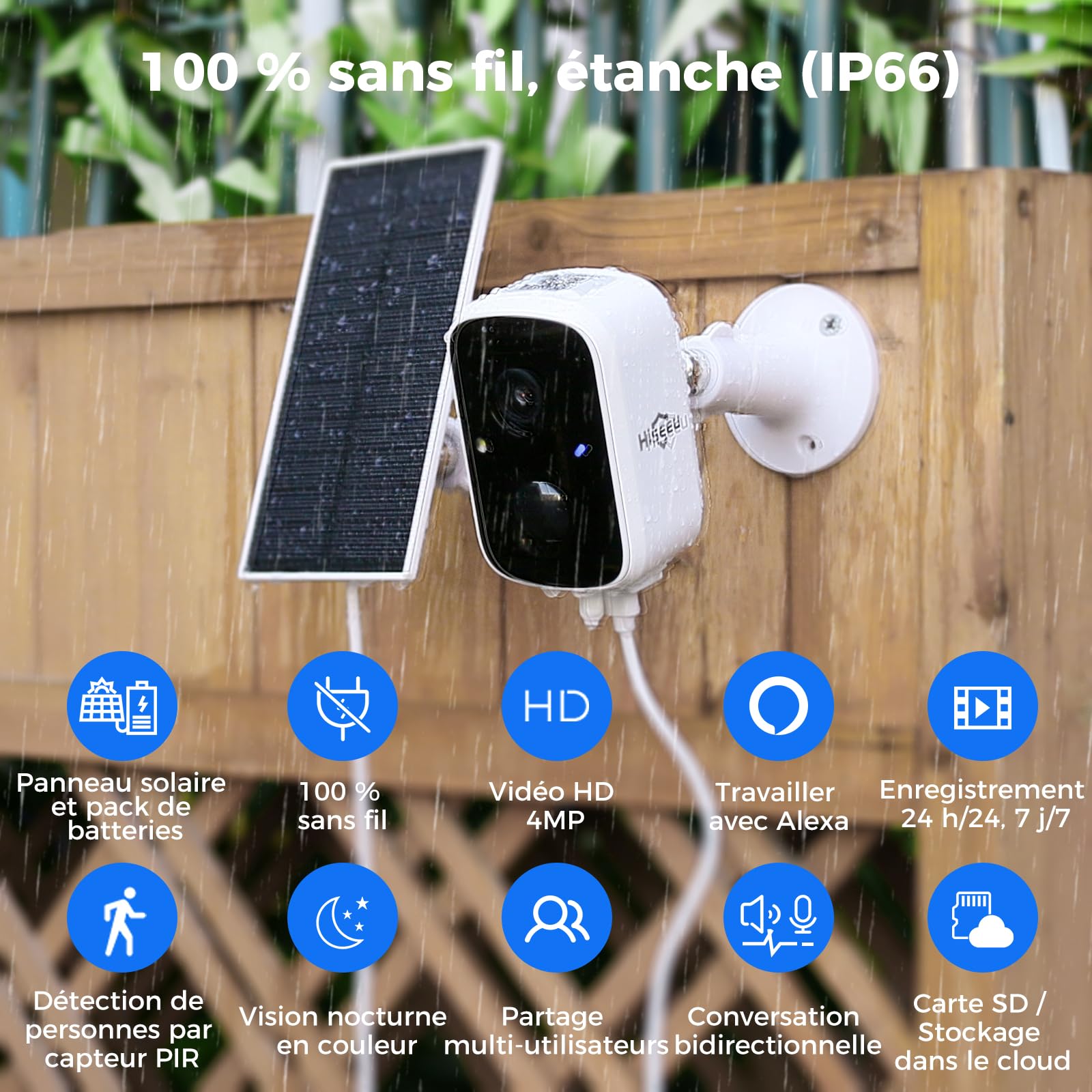 Hiseeu Caméra Sécurité Extérieure WiFi 4MP 3K, Panneau Solaire & Batterie, Détection Humaine PIR/IA, Sirène, Étanche IP66, Vision Nocturne Couleur, Audio Bidirectionnel, Cloud & Carte SD