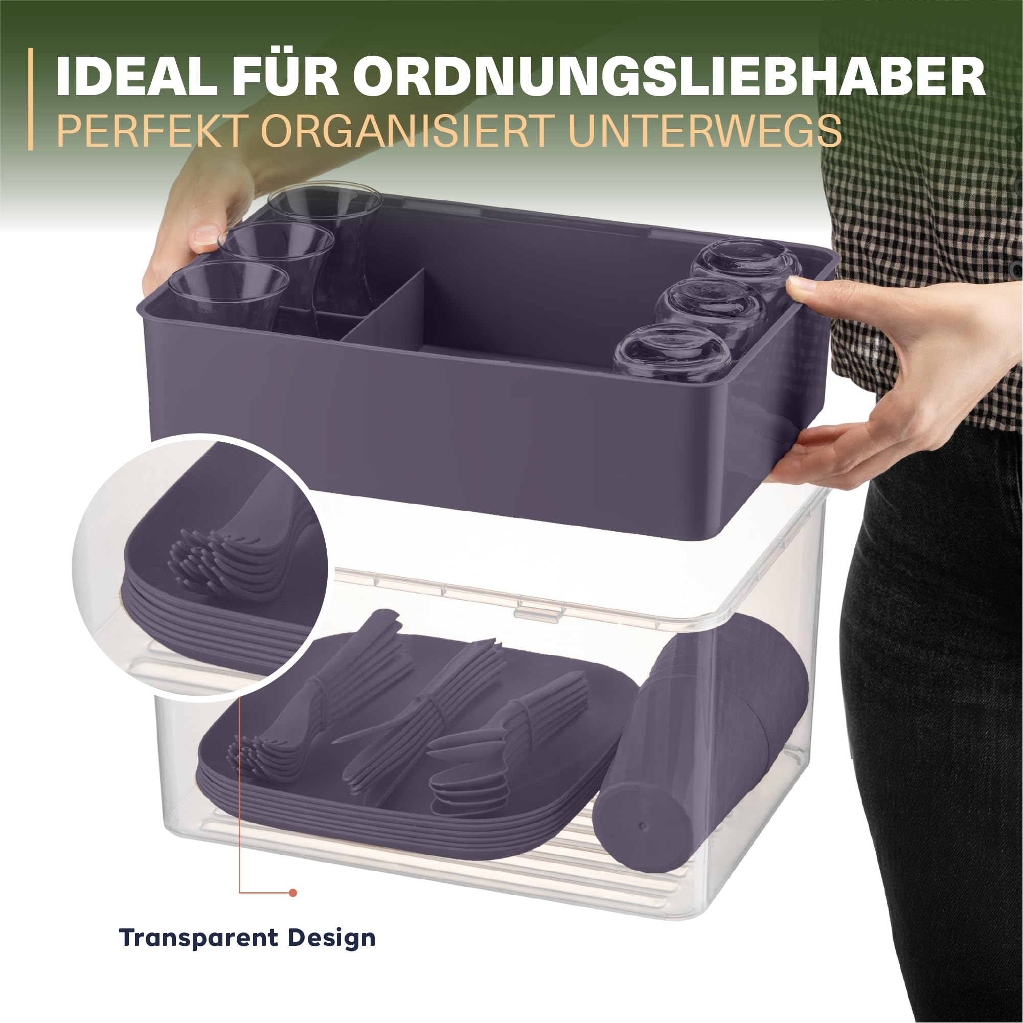 Viwares Picknick Geschirrset für 6 Personen – 33-teiliges Camping Set aus robustem Kunststoff – mit Tellern, Bechern, Besteck & Einsatz – BPA-freie Transportbox mit Tragegriff – Outdoor Picknickbox
