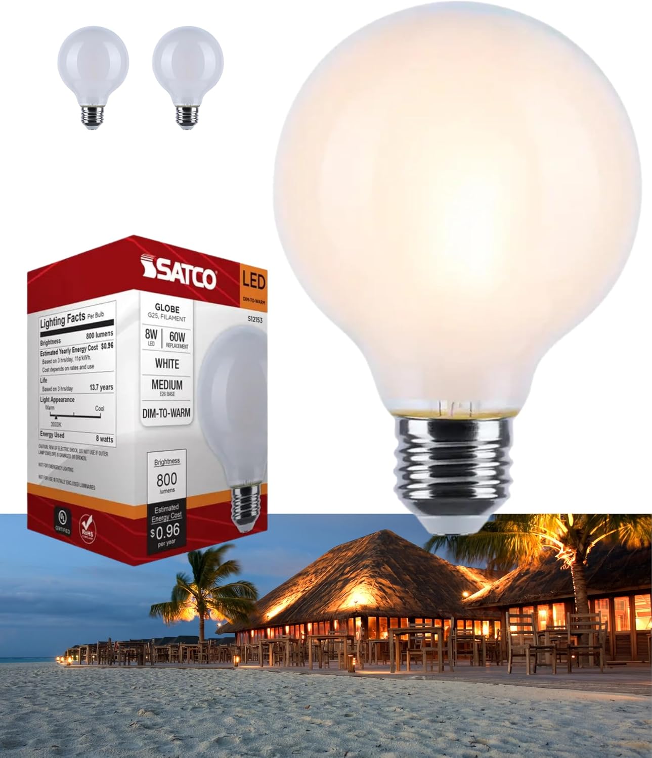 Satco S12153 8W LED G25 Globe Bulb, Warm Dimming 3000K-2000K, 800 Lumens, 90 CRI, 60W Replacement, White Globe, E26 Medium Base, Enclosed Fixture Rated, Dimmable, 120 Volt (2 Pack)