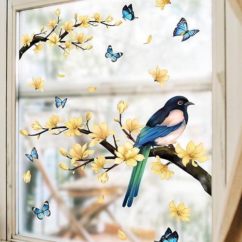 Miniatura 4 de Adhesivos para ventana de flores, pájaros, mariposas, ventanas, primavera, verano, bricolaje, ramas de árboles, calcomanías de doble cara,