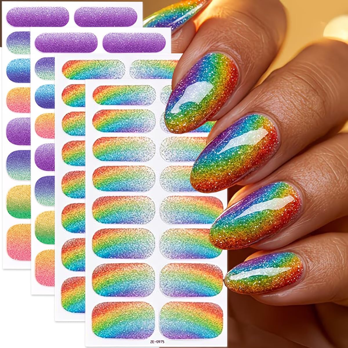 4PCS Full Nail Wraps Gel Nail Stickers Nail Full Wraps Nail Polish Strips Rainbow Glitter Waterproof Full Cover Sparkly Self-Adhesive Nail Decals Nail Art Supplies for Women Summer Nail Art Decoration