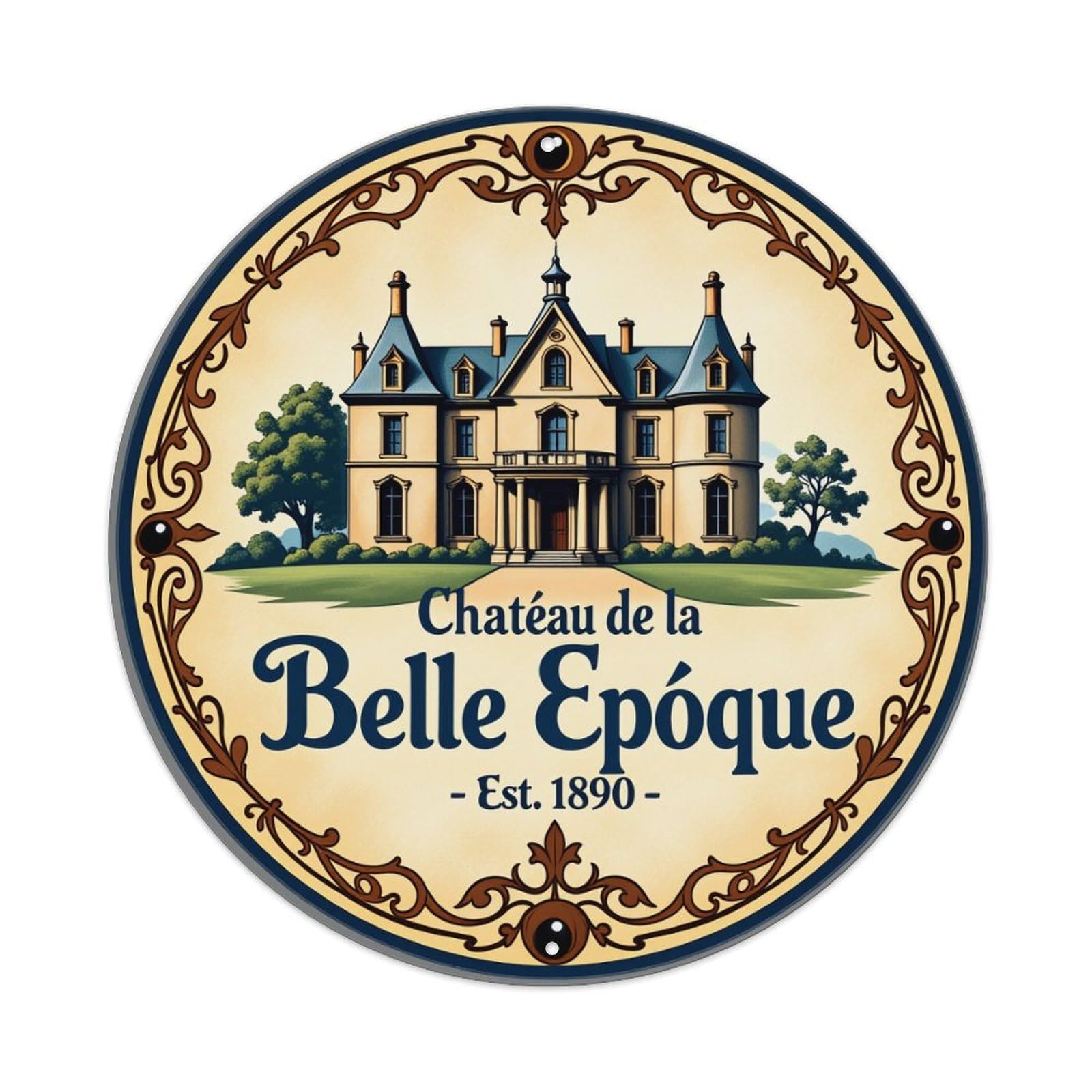 Chateau Estate Vintage Ornate Round Tin Sign Vintage Style Metal Sign Home Bar Garden Wall Plaque Decor Metal Poster 8x8 Inch