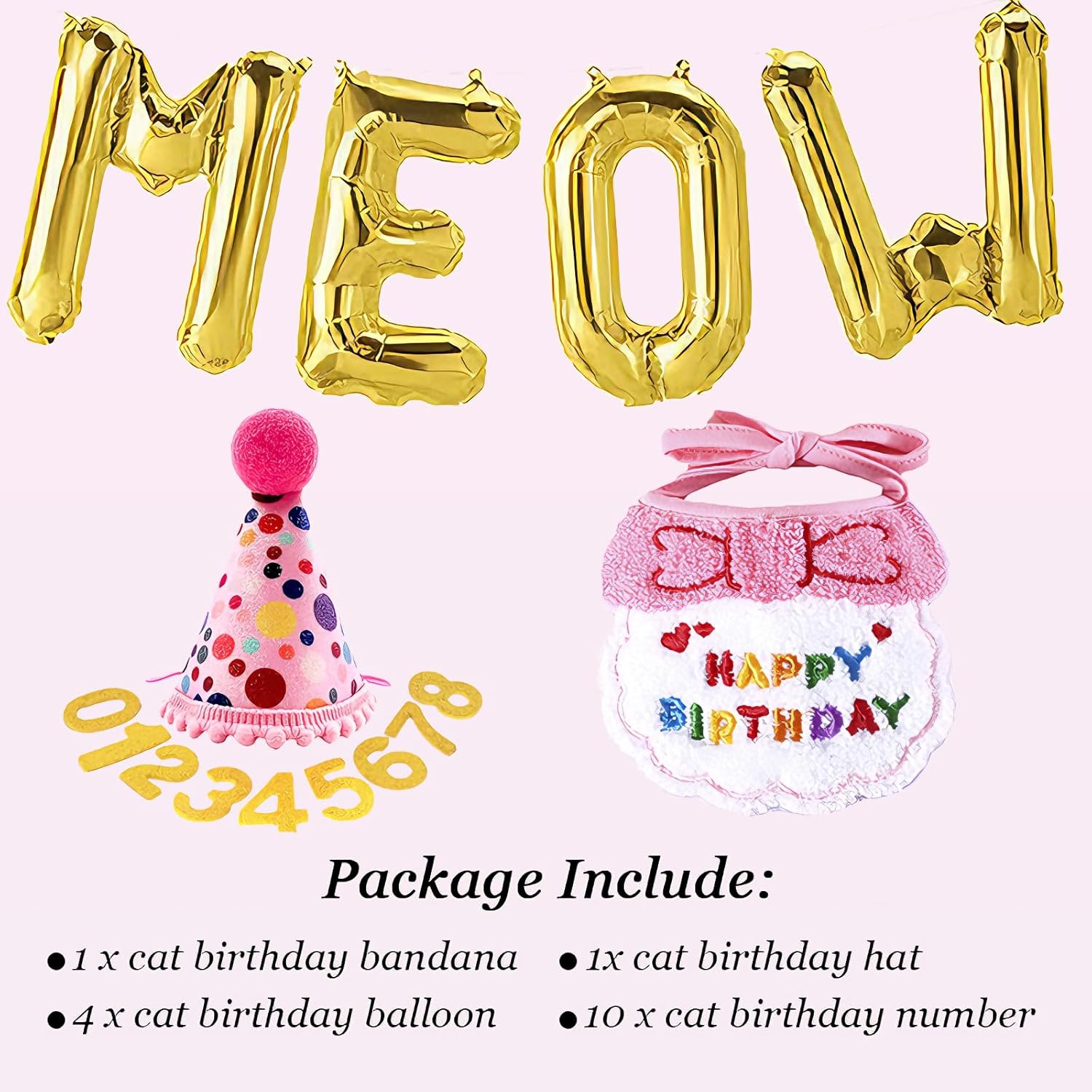 Cat Birthday Hat Decoration & Outfit Set - Adjustable Party Hat with Numbers, Bandana Bow Tie & Balloon Supplies for Cat Costume Photo Shoots (Pink)