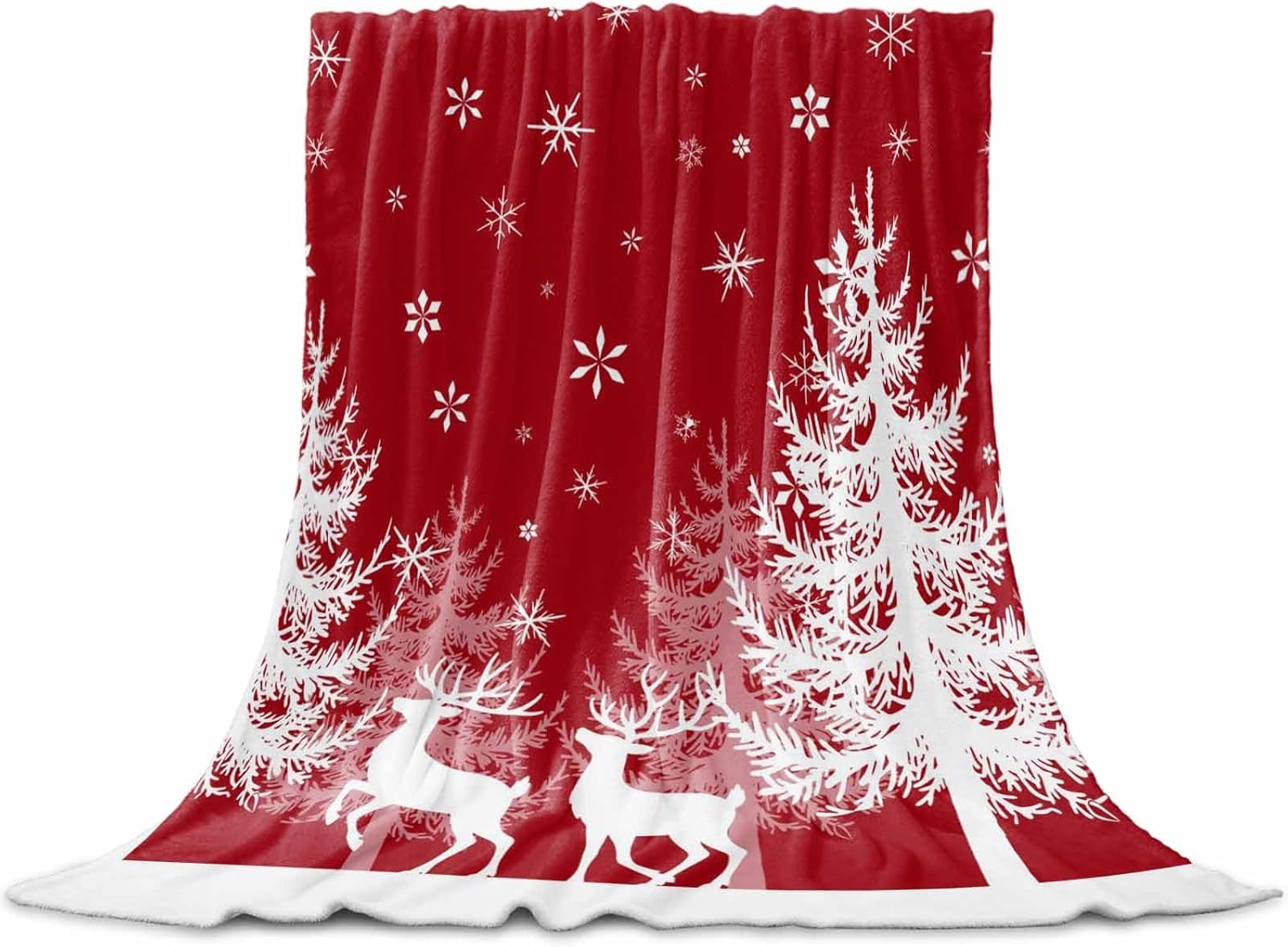 Fuzzy Fleece Throw Blanket, Lightweight Christmas Winter Snowflake Tree Elk Red Super Soft Flannel Bed Blankets, Reversible Plush Sherpa Blankets for Couch, Bed, Sofa for Christmas Decor 49"x59"