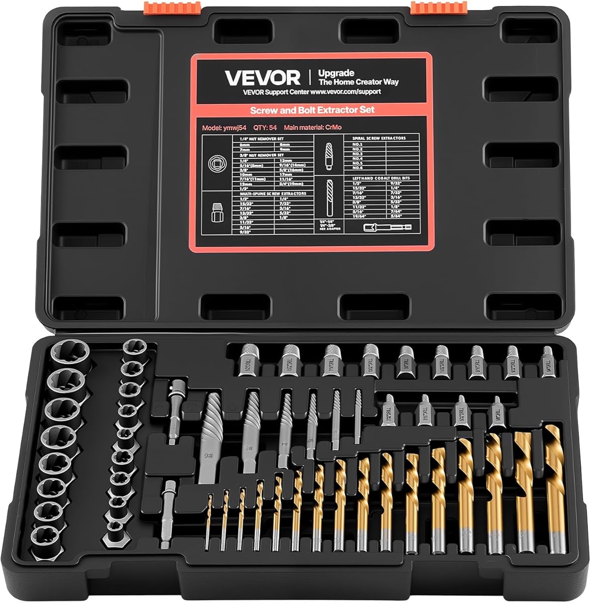 VEVOR Bolt Extractor Kit, 54 Pieces Easy Out Screw Extractor Set, Left Hand Drill Bit Set, Multi-Spline Extractors, for Removing Damaged, Stripped, Broken, Rusted, Rounded-Off Bolts, Nuts & Screws