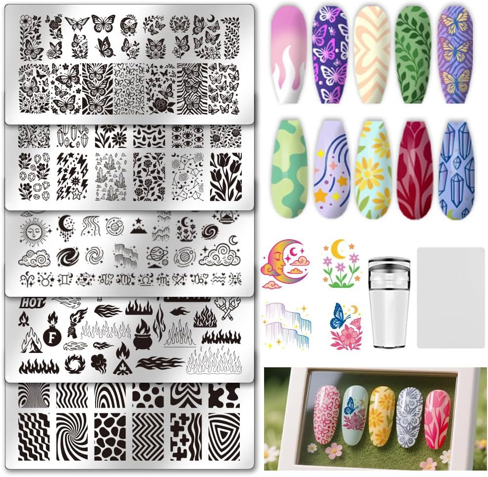 UNICRAFTALE Pack of 5 Butterfly Nail Stamp Stencil Flower Motif Flames Nail Stamp Set Reusable Abstract Textures French Tip Nails Stamp Star Stainless Steel Nails Stamp Plates