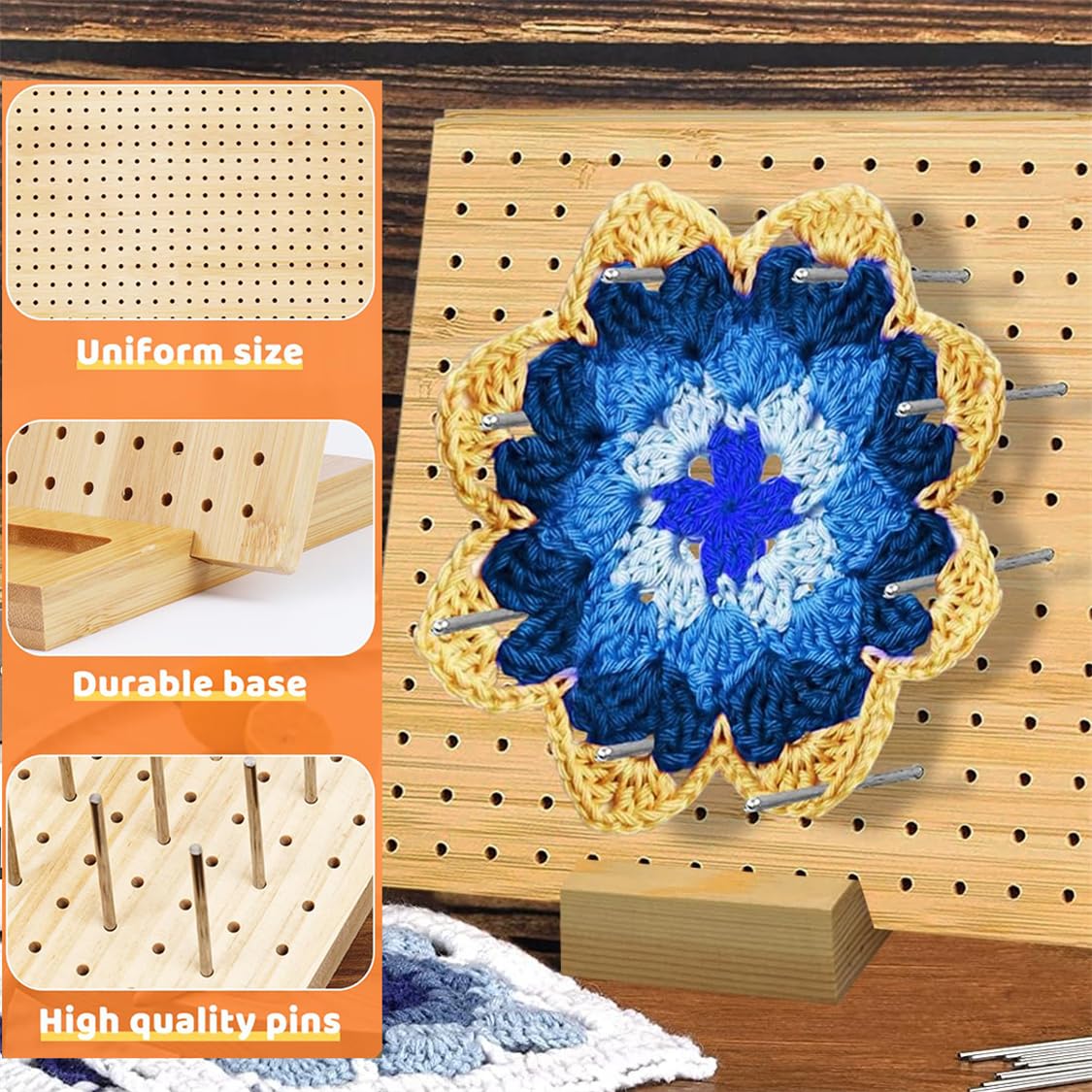 Planche De Blocage Granny Square 28x28 Cm - Avec 20 Aiguilles En Acier Et Pied - Pour Carrés Crochet, Tricot - Ajustement Précis - 12