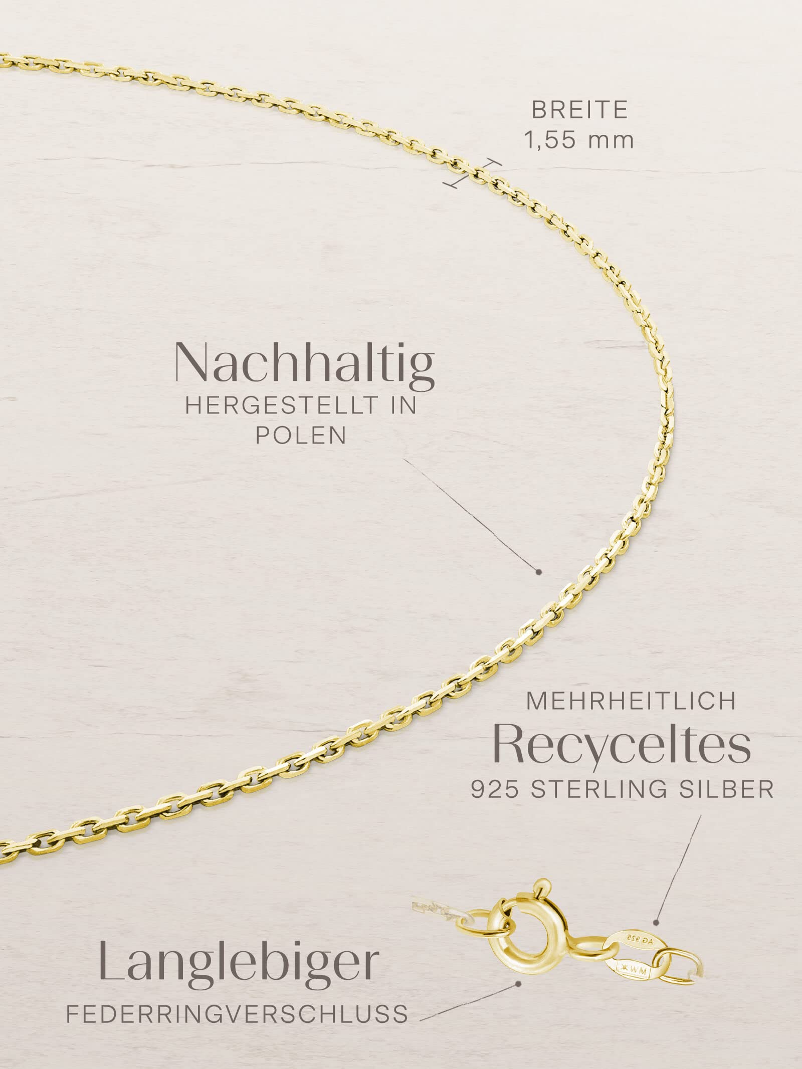 modabilé Panzerkette Damen Halskette Vergoldet 925er Sterling Silber (35cm-90cm 1,3mm breit) Goldkette ohne Anhänger Goldene Kette Kurz 925 Frauen