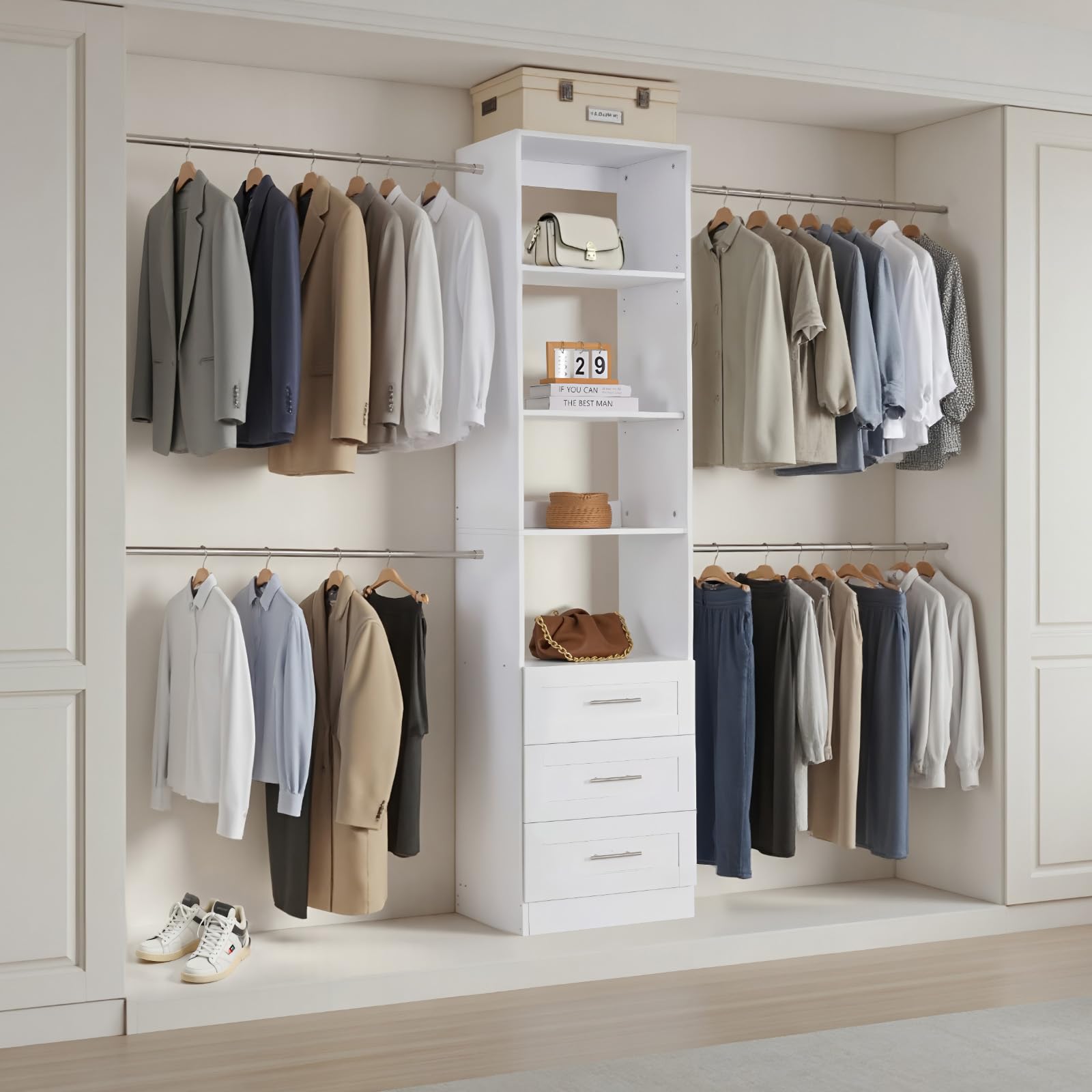 VEVOR Système de Placard avec 3 tiroirs, système d'organisation de Placard en Bois à Hauteur réglable, Porte-vêtements avec 4 tringles à vêtements rétractables, pour Rangement de Chambre, Blanc