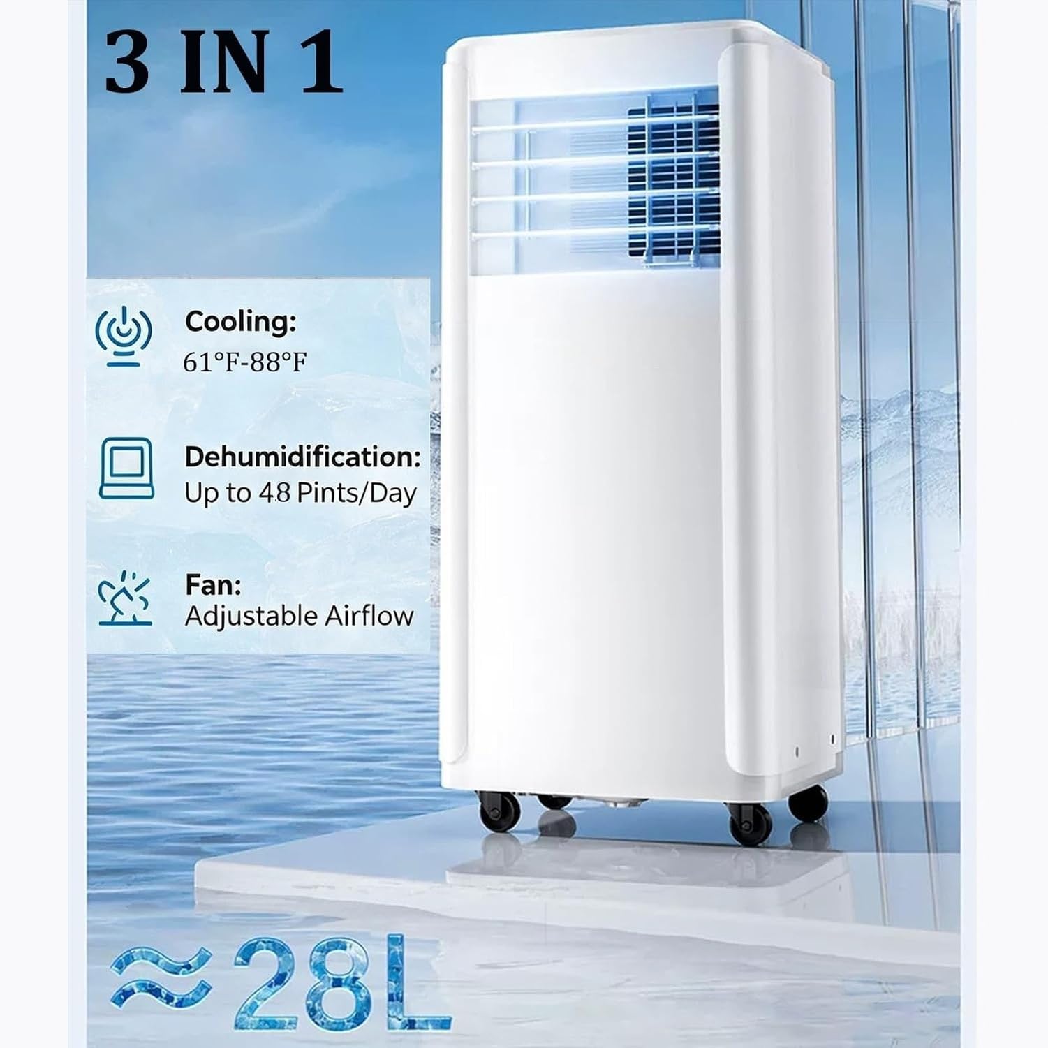 Aire Acondicionado Portátil 3 en 1 10000 BTU Enfriador con Deshumidificador, Temporizador 24H y Mando a Distancia, Función de Refrigeración por Compresor, sin C