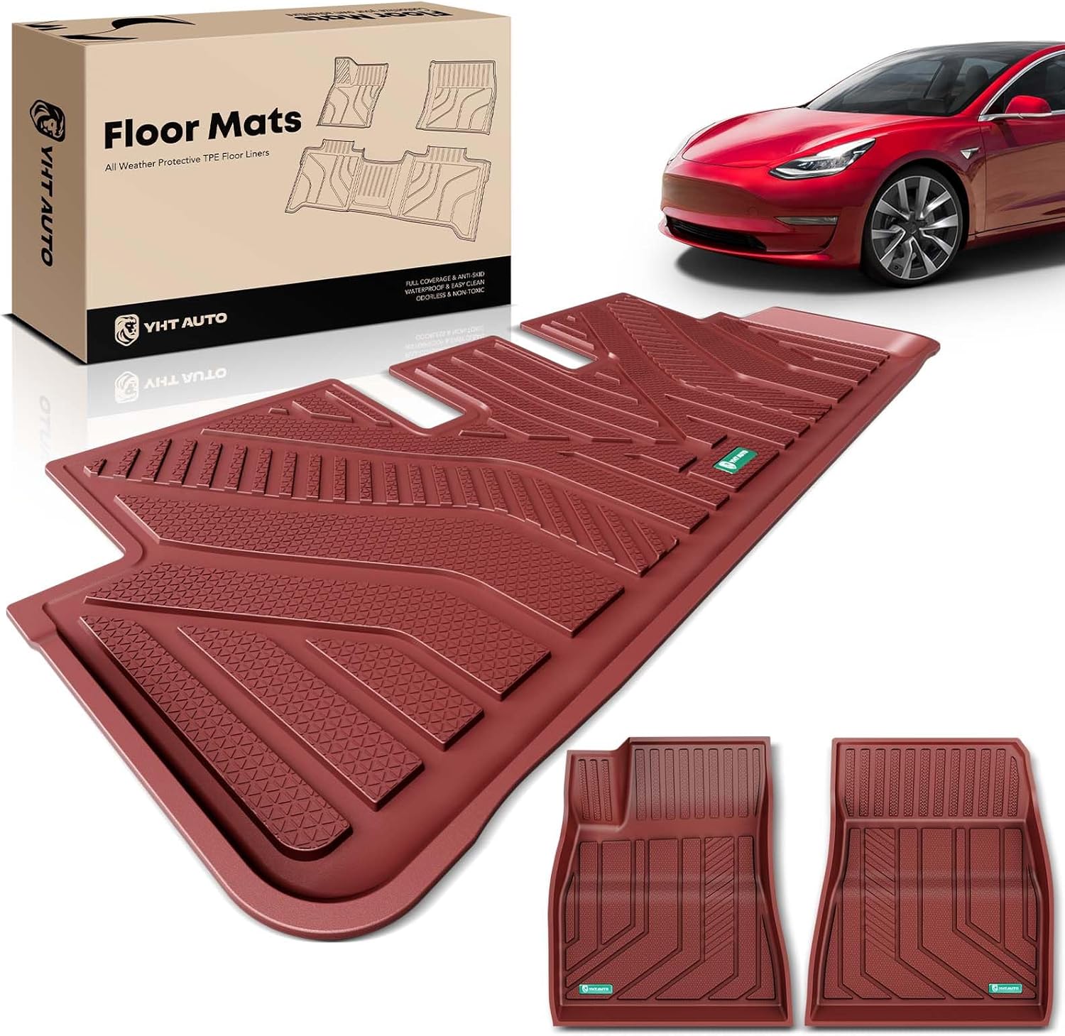 YHTAUTO Custom Fit Red Car Floor Mats Liners for 2024 2025 Tesla Model 3 Highland, 1st & 2nd Row All Weather TPE Car Mats Carpet, Anti-Slip Orderless, Automatic Front Rear Mats for Car, Set of 3