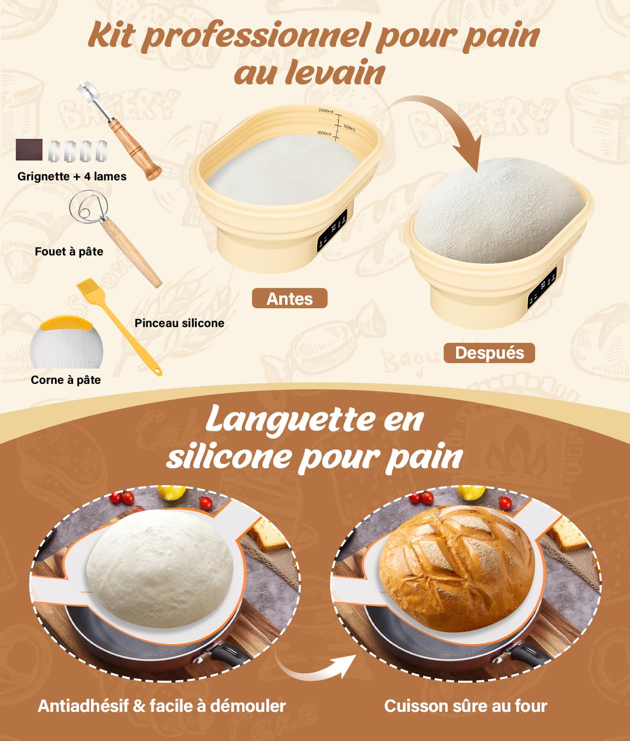 WADEO Panier de Pousse à Levain Chauffant, Chauffe-Levain Pro Électrique - Boîte de Pousse 28cm, Thermostat 6 Niveaux (25-50°C), Minuterie, Silicone Alimentaire Pliable - Pour Pain, Pizza, Yaourt