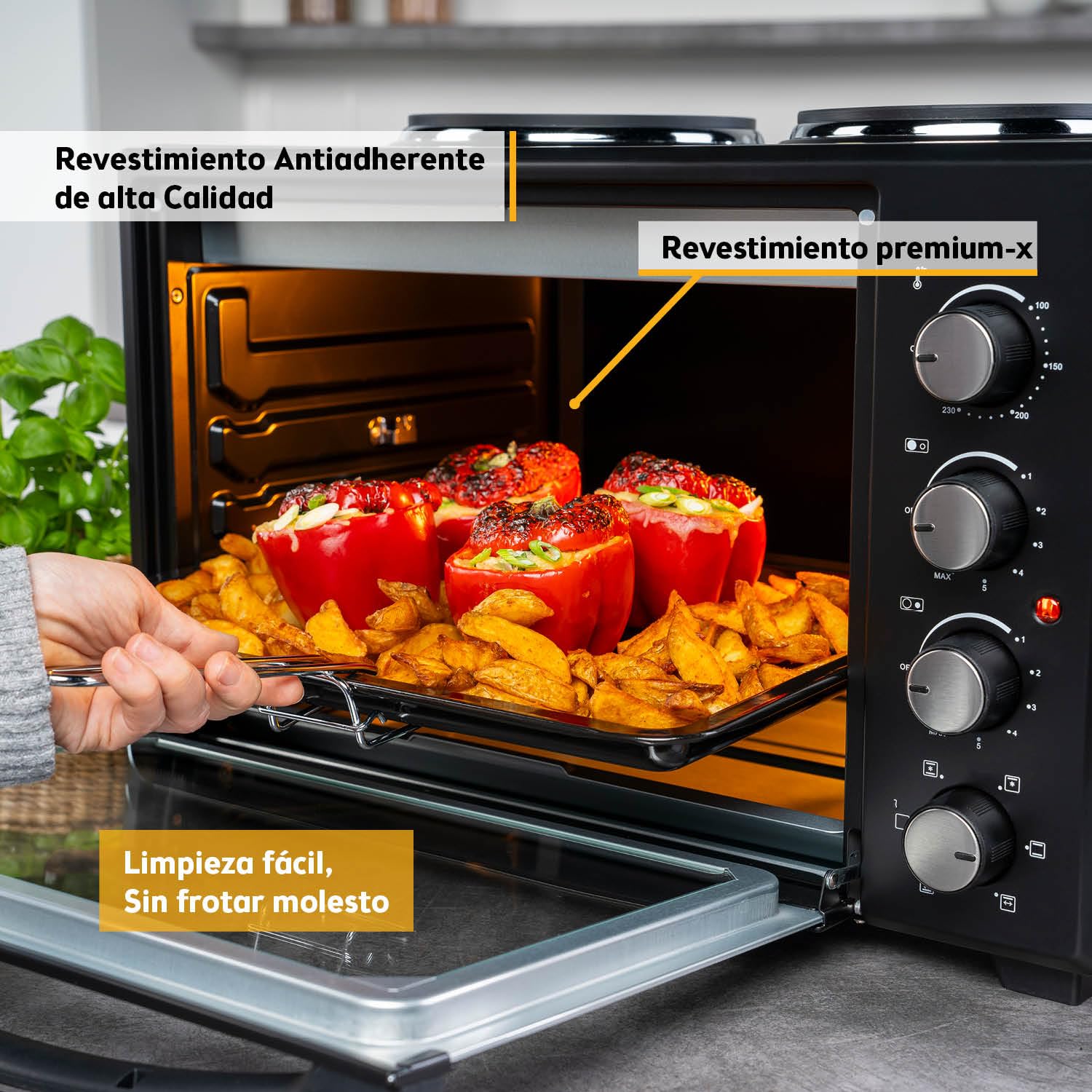 First Austria Mini Horno 45L 3200 W con Quemadores para Pizza 230°C Revestimiento Antiadherente Multihorno 4 Alturas