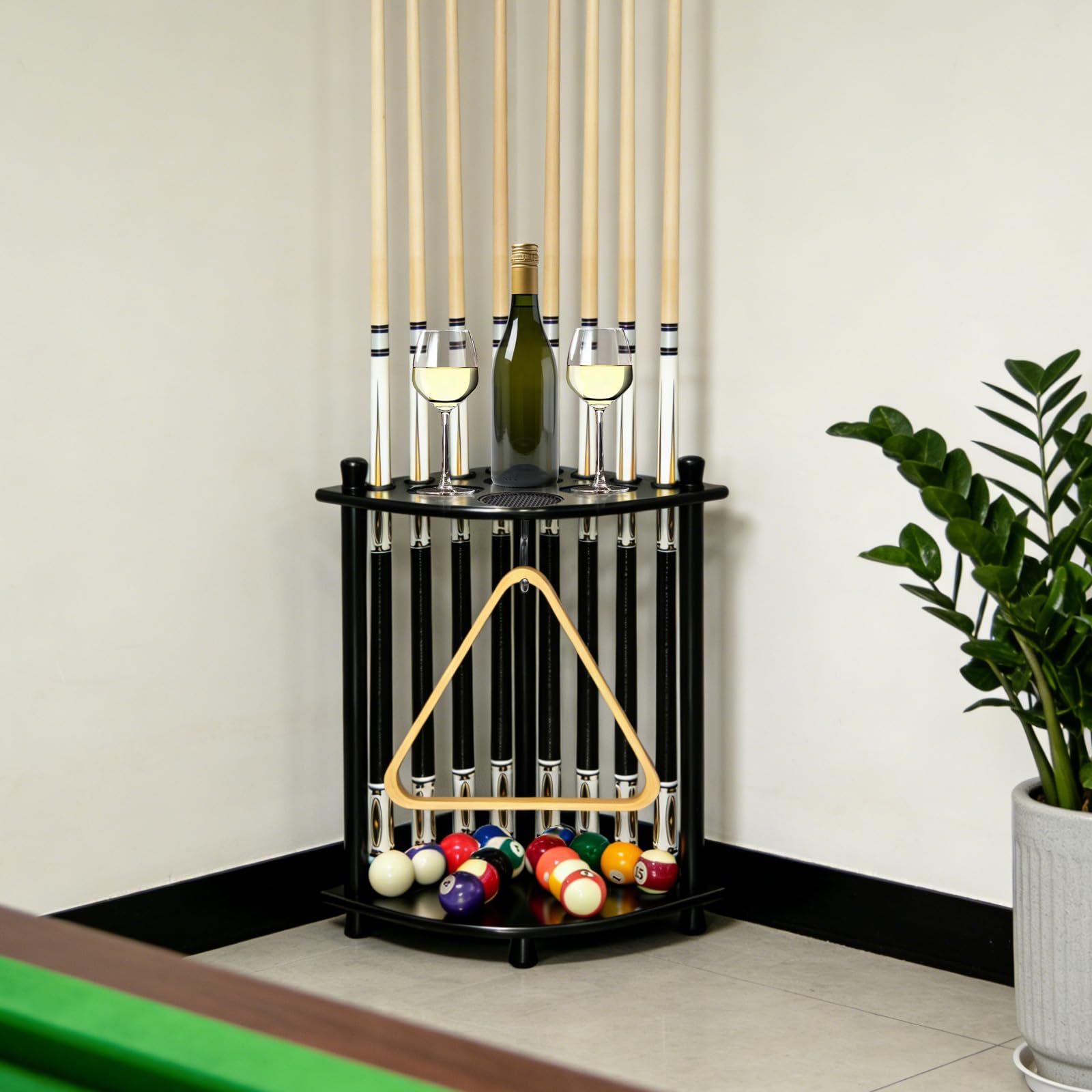 Support de sol pour quilles de billard avec 16 supports de balles de billard en bois massif pour 8 queues de billard, support d'angle pour salle de jeux, club, accessoires de table de billard (noir)