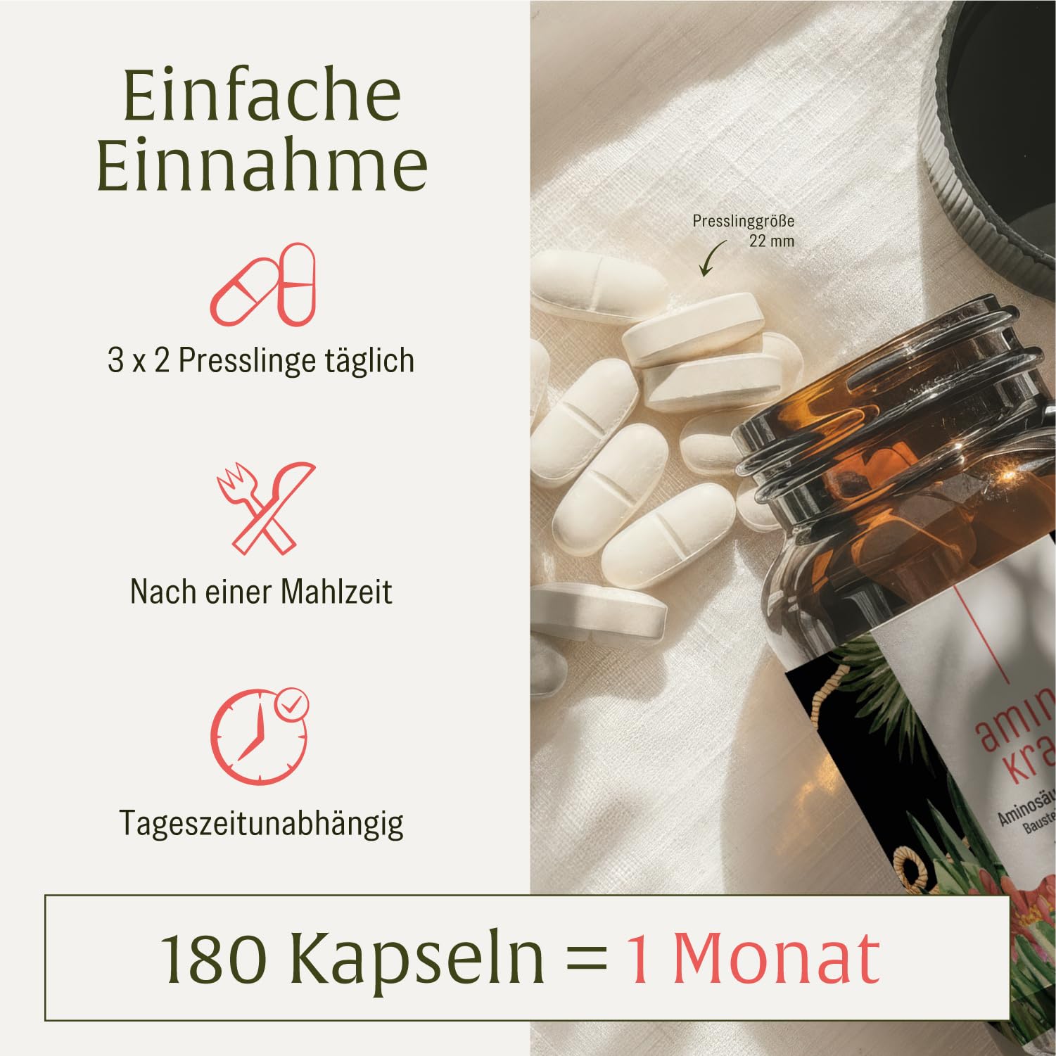 Aminosäuren Komplex hochdosiert - 180 vegane Amino Tabletten mit je 6000 mg pro Tagesdosis mit 12 verschiedenen Aminosäuren - EAA Pattern Presslinge von NATURTREU