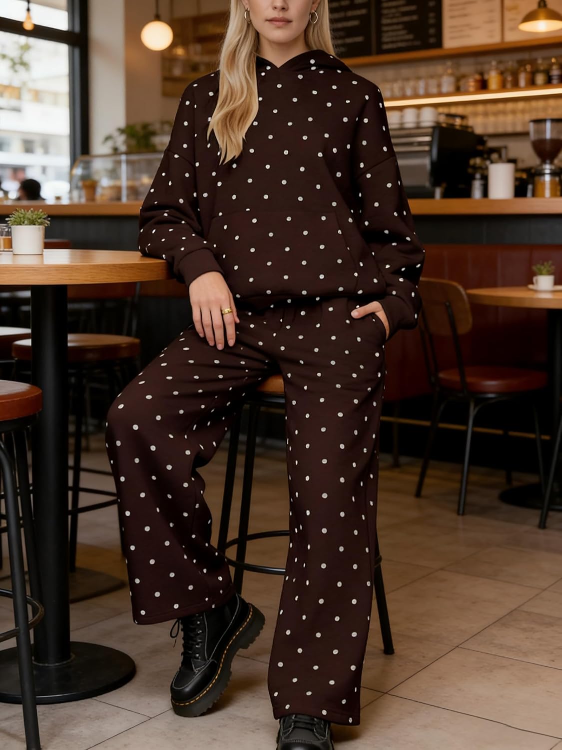 Polka Dot Matching Sweat Sets for Women Oversized Cute Hoodie Wide Leg Sweatpants Sweatsuits Workout 2 Piece Set - Image 5