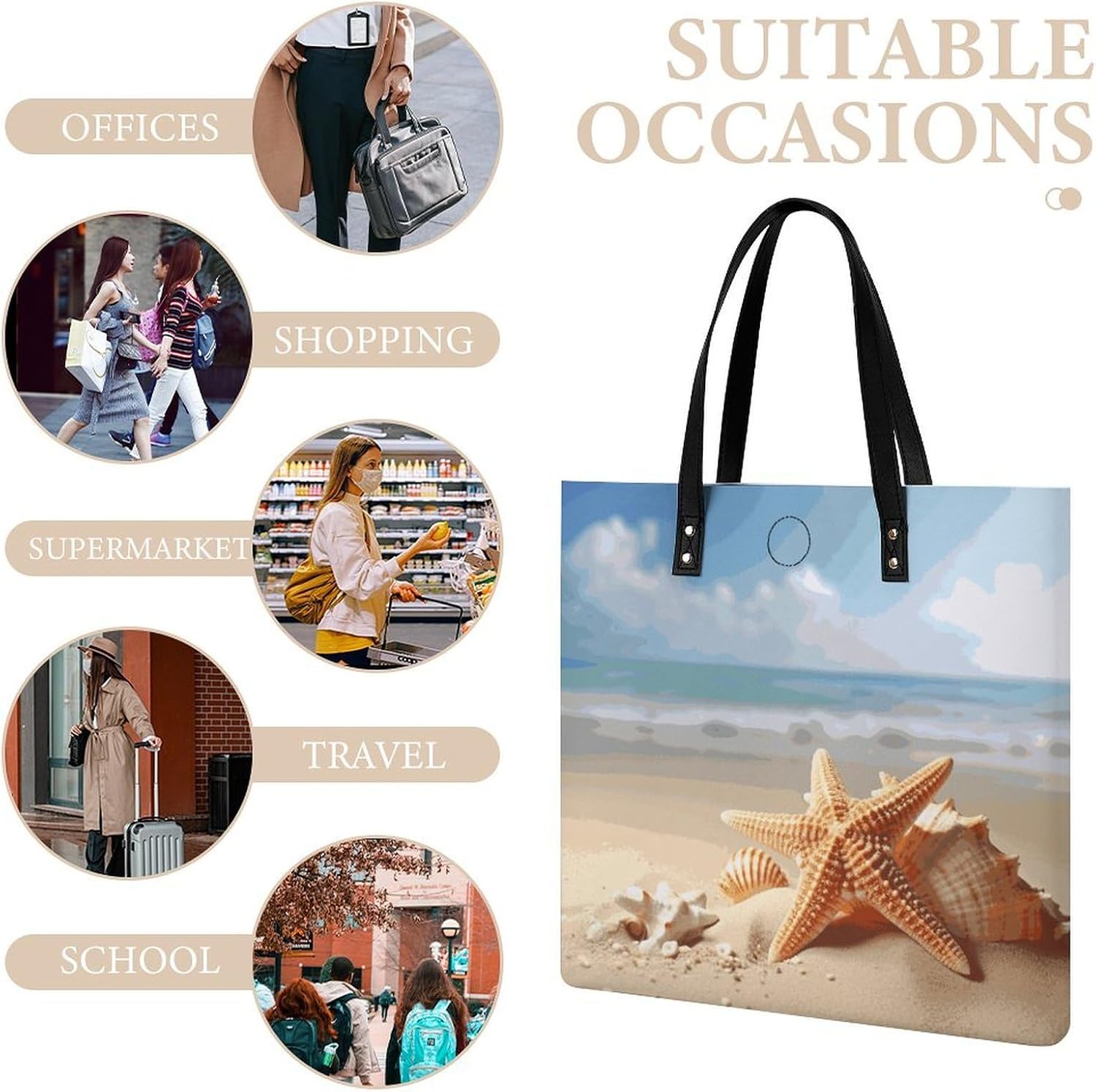 Summer Starfish Seashell Tote Bag with Magnetic Buckle Reusable Grocery Bags Lightweight Cross Body Handbag for Daily Essentials
