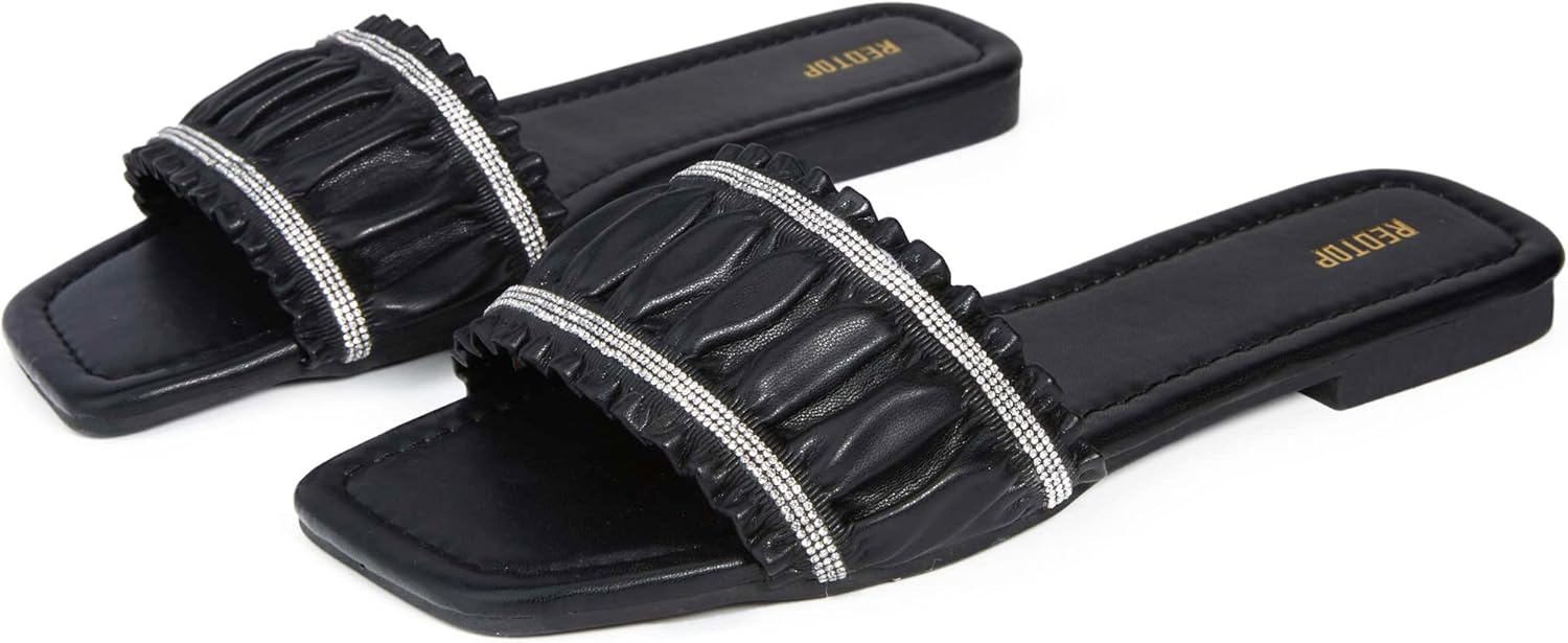 REDTOP Women's Square Open Toe Ruffle Flat Sandals Rhinestone Slip On Slides Sandals