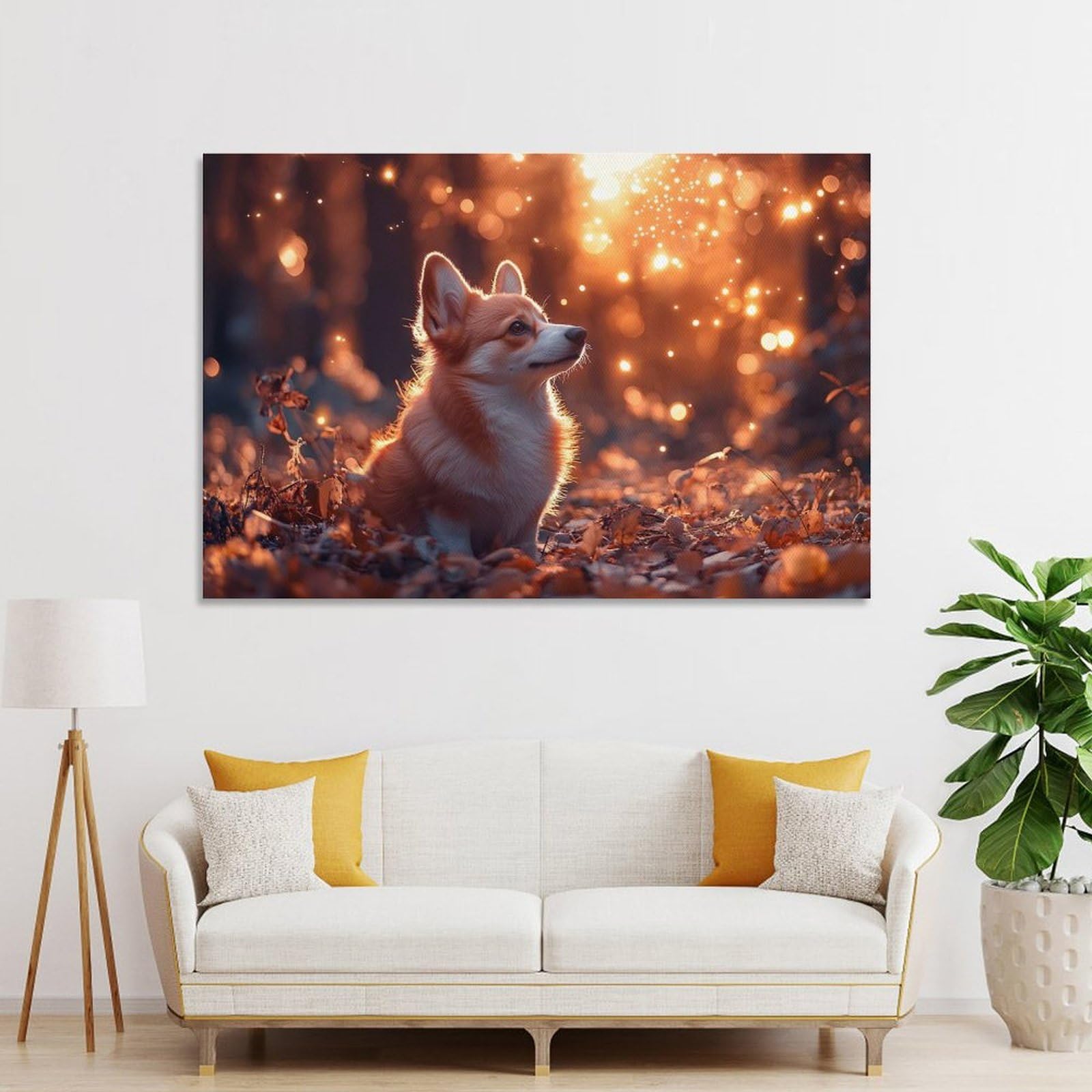 Junmoney Unframe-Style-5 Corgi In Autumnal Forest With Bokeh Wall Art Print 24X36inch(60X90cm), For Corridors, Hallways Or Apartment Entries, Wall Decor To Refresh Empty Corners