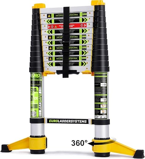 EuroLadderSystem 3.8m Euro Telescopic ladder 3.8 meter 12.5 ft with wide foldable stabilizer - Single button unlock - Rubb...