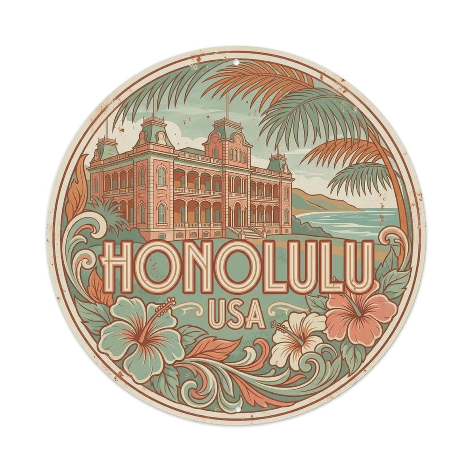 Olyhtr 8X8inch Classic Style Honolulu Hawaii Tropical Landmark Floral Travel Metal Tin Sign