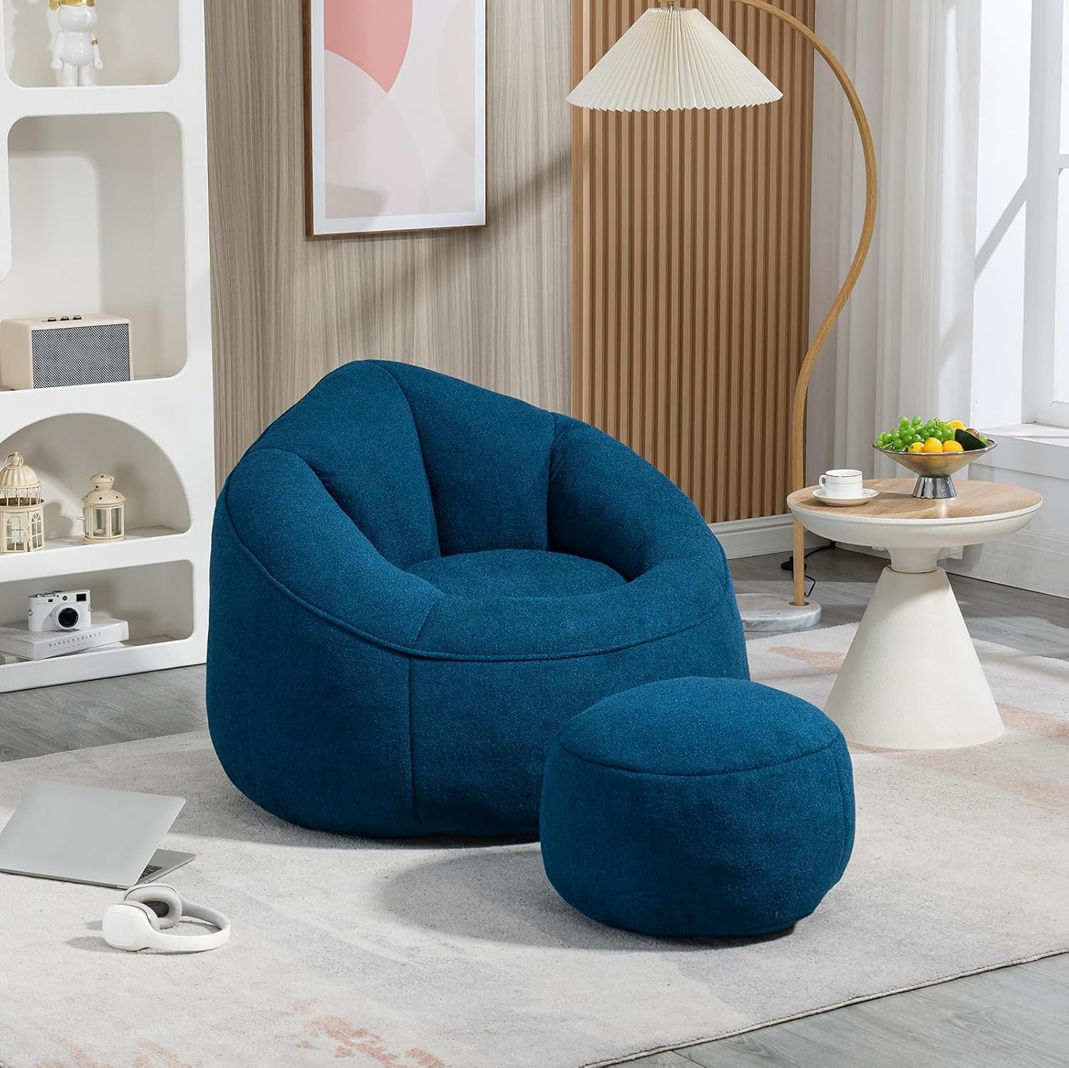 Bean Bag Chair with Ottoman, Comfy Beanbag Chair for Adults with Memory Foam Filler, Lazy Bean Bag Sofa with Stool, Cozy Lounge Chair for Teens and Kids to Reading, Gaming and Watching TV (Beige)