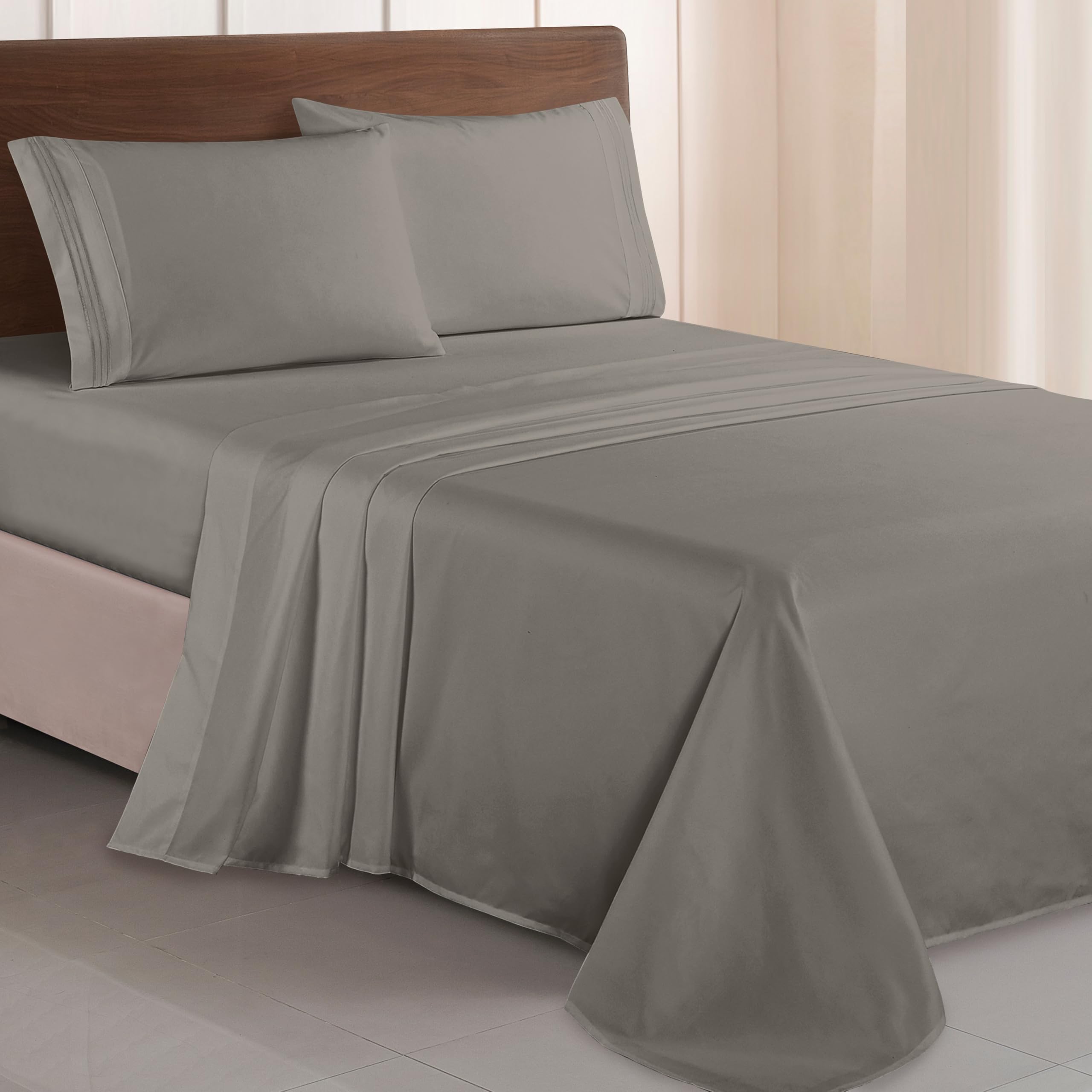 Elegant Comfort Luxurious 1500 Thread Count Egyptian Quality Three Line Embroidered Softest Premium Hotel Quality 4-Piece Bed Sheet Set, Wrinkle and Fade Resistant, King, Gray