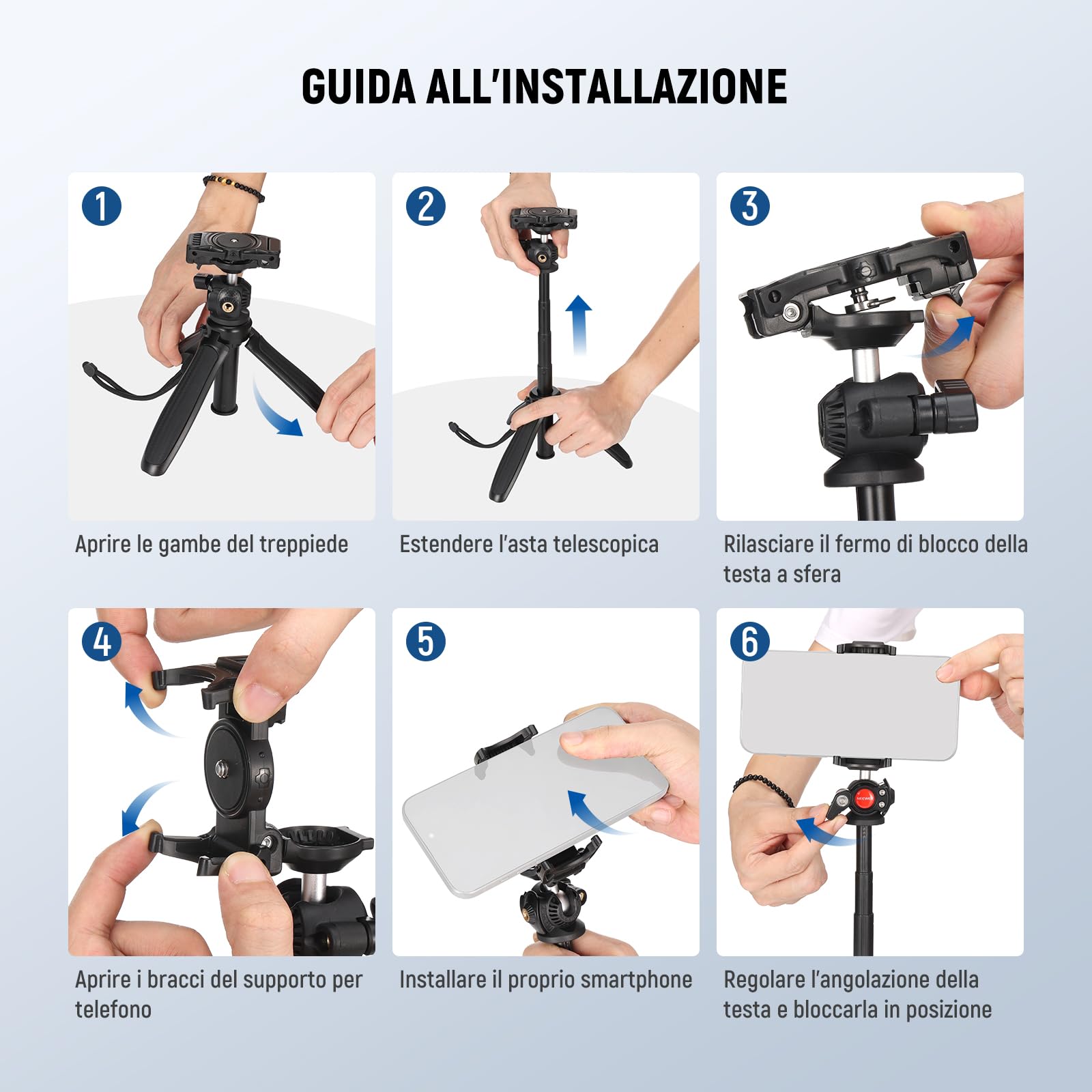 NEEWER TP38 Treppiede Fotocamera Smartphone Selfie Stick con Porta Cellulare Adattatore Action Cam Compatibile con iPhone GoPro, Mini Tripod Supporto Viaggio con Panno Pulizia per Vlog Riprese Video