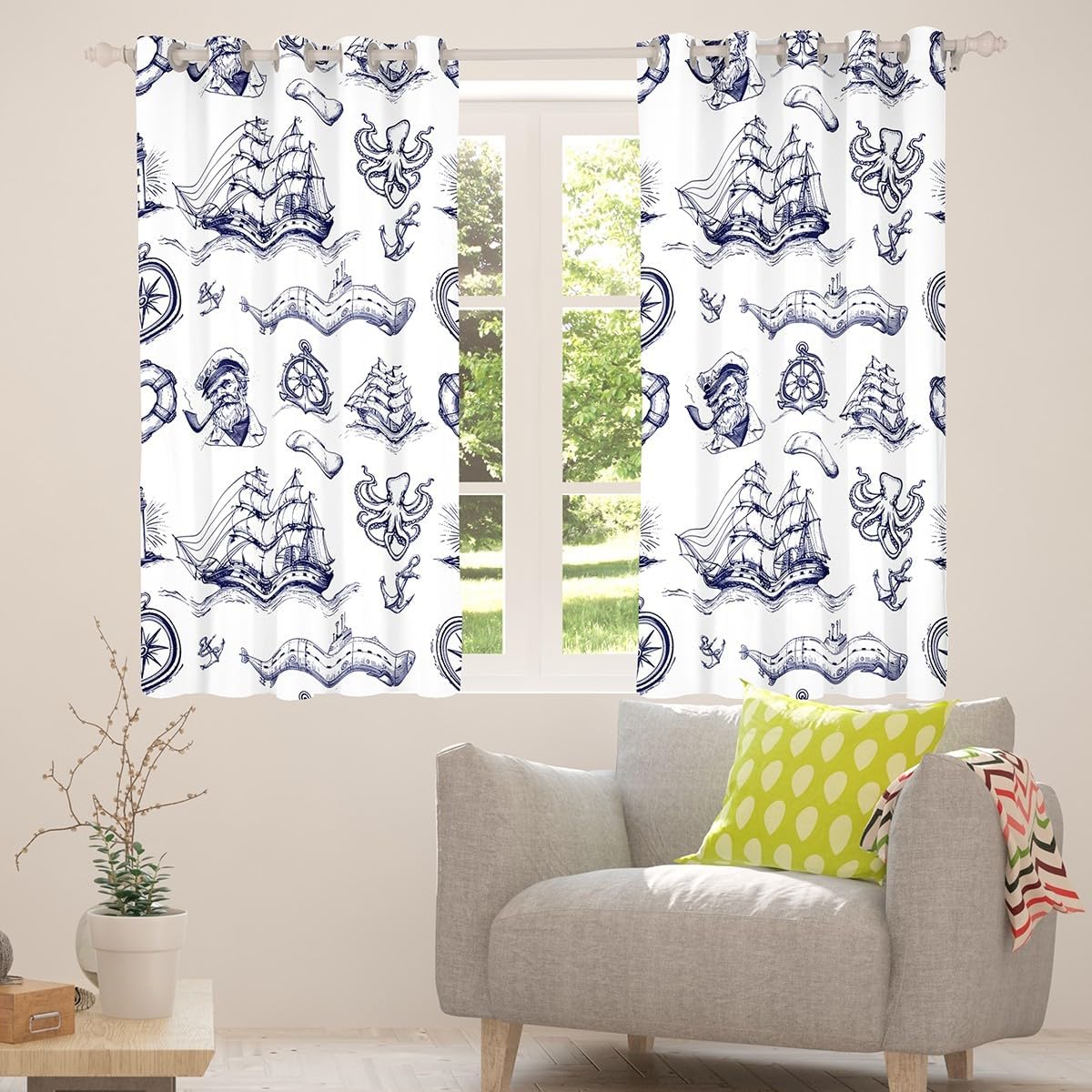 Castle Fairy Nautical Sailboat Window Curtain,Compass Submarine Curtains for Kids Girls Boys Teens,Anchor Pirate Sailor Window Treatment Navy Blue White Bedroom Decor,2 Panels,42Wx63L