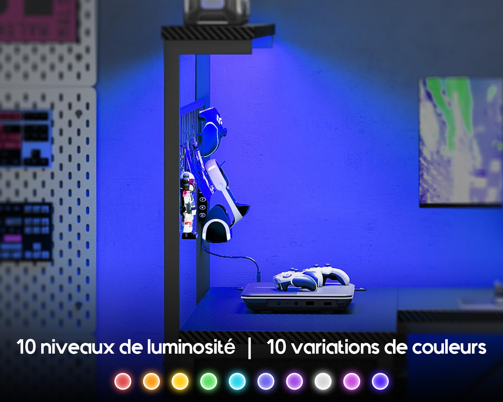 Coleshome Bureau Gaming avec LED, 110 x 80 cm Réversible Table Gaming avec Tiroirs et Prises de Courant, Bureau d'angle avec Compartiment de Rangement (Noir Carbone)