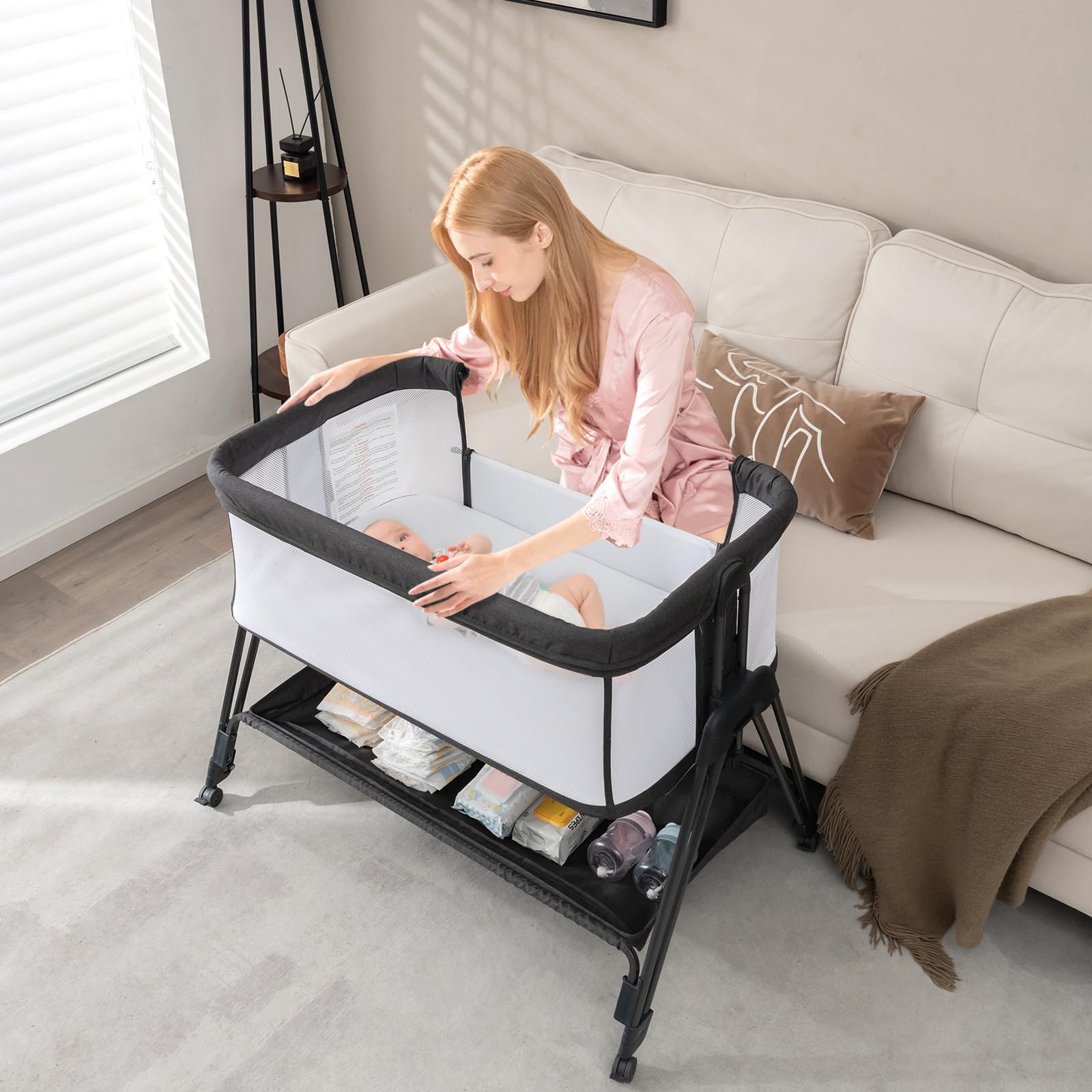 RELAX4LIFE Culla Neonato Fianco Letto, Culla da Campeggio con Materasso e Cinghia Fissaggio, Regolabile In Altezza 7 Posizioni, Borsa di Trasporto, per Bambini 0-6 Mesi (1, Nero)