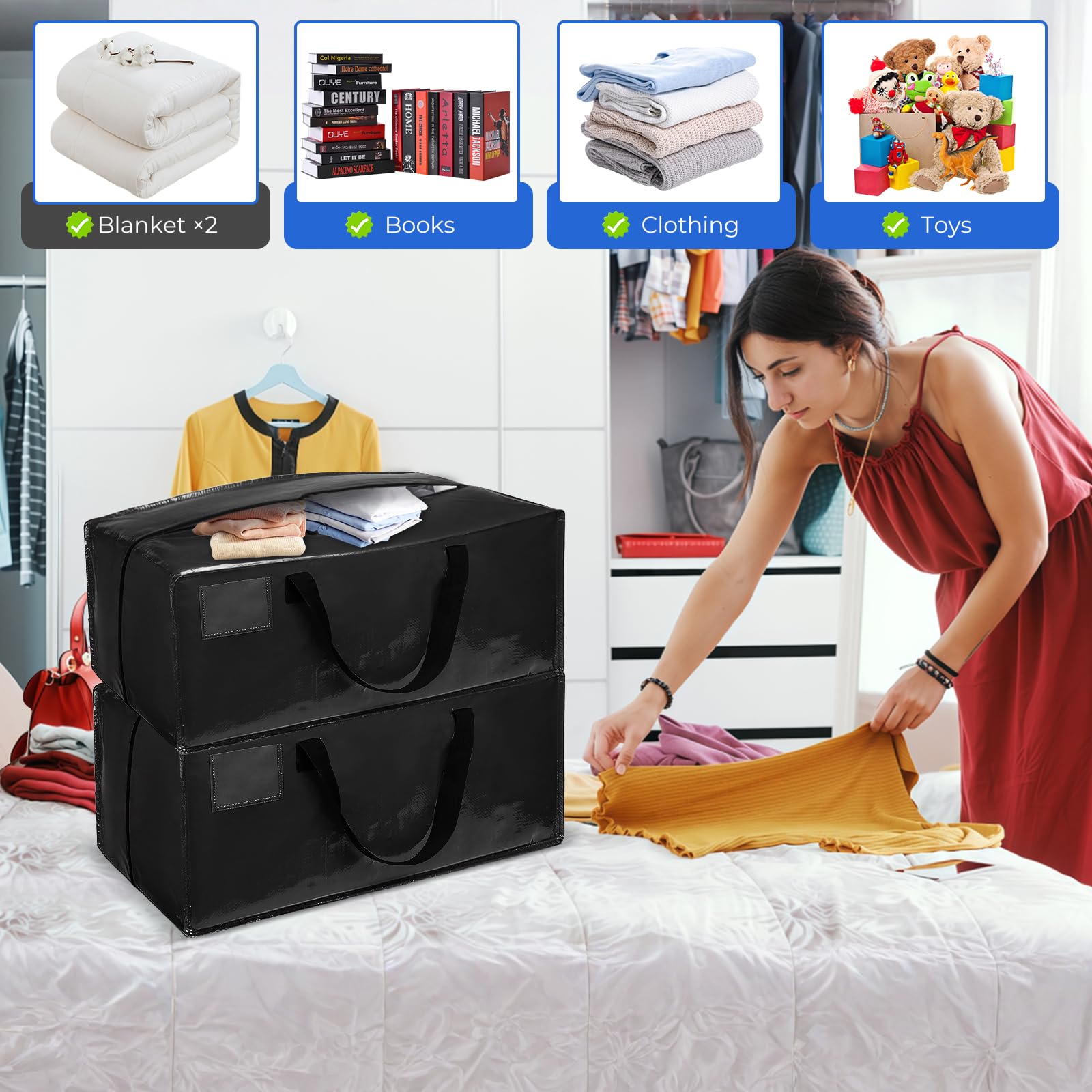 Sac Demenagement Grand Format, 90L Sac de Déménagement avec Sangles de Sac à Dos et Poignées, Robustes Imperméable Pliable, Sac Rangement pour Vêtements, Linge de Lit (Noir, Lot de 4)