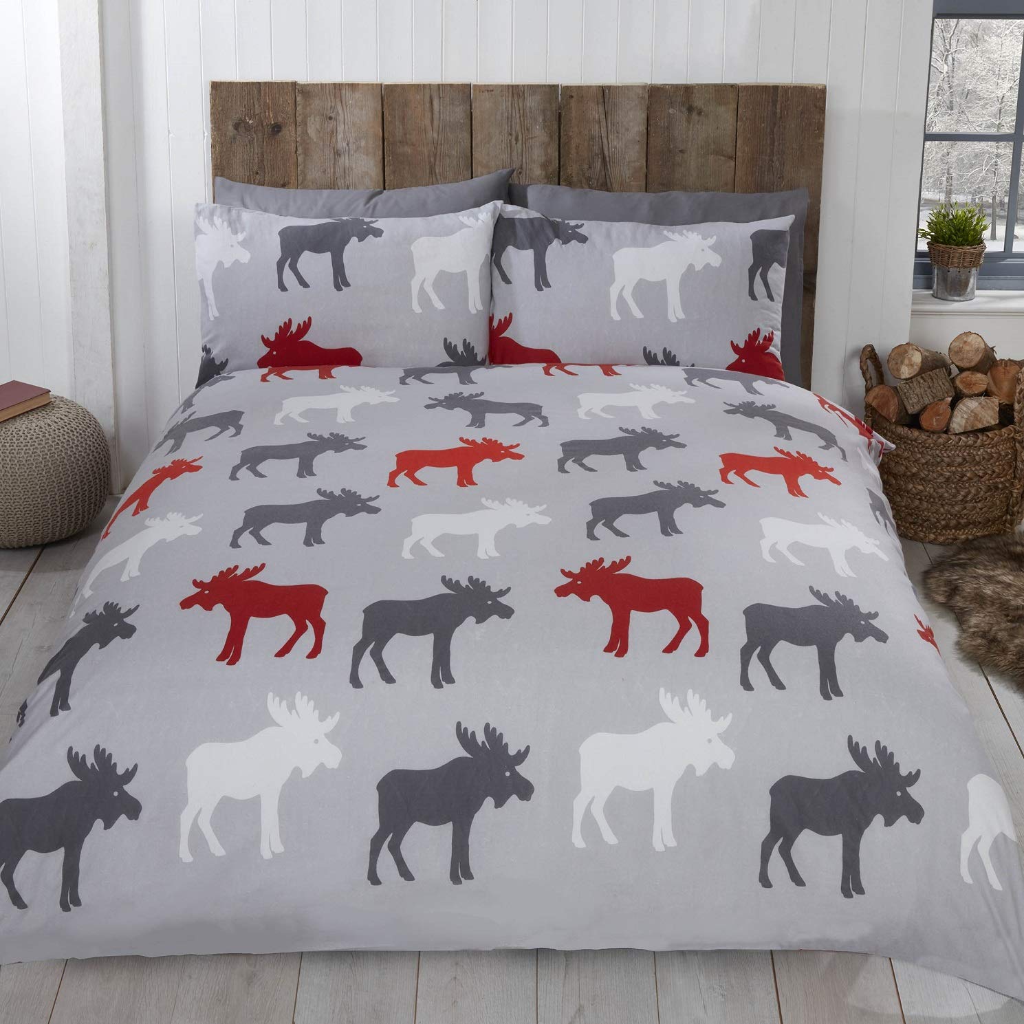 Rapport Home Double Duvet Set - Grey Moose Design - 100% Brushed Cotton