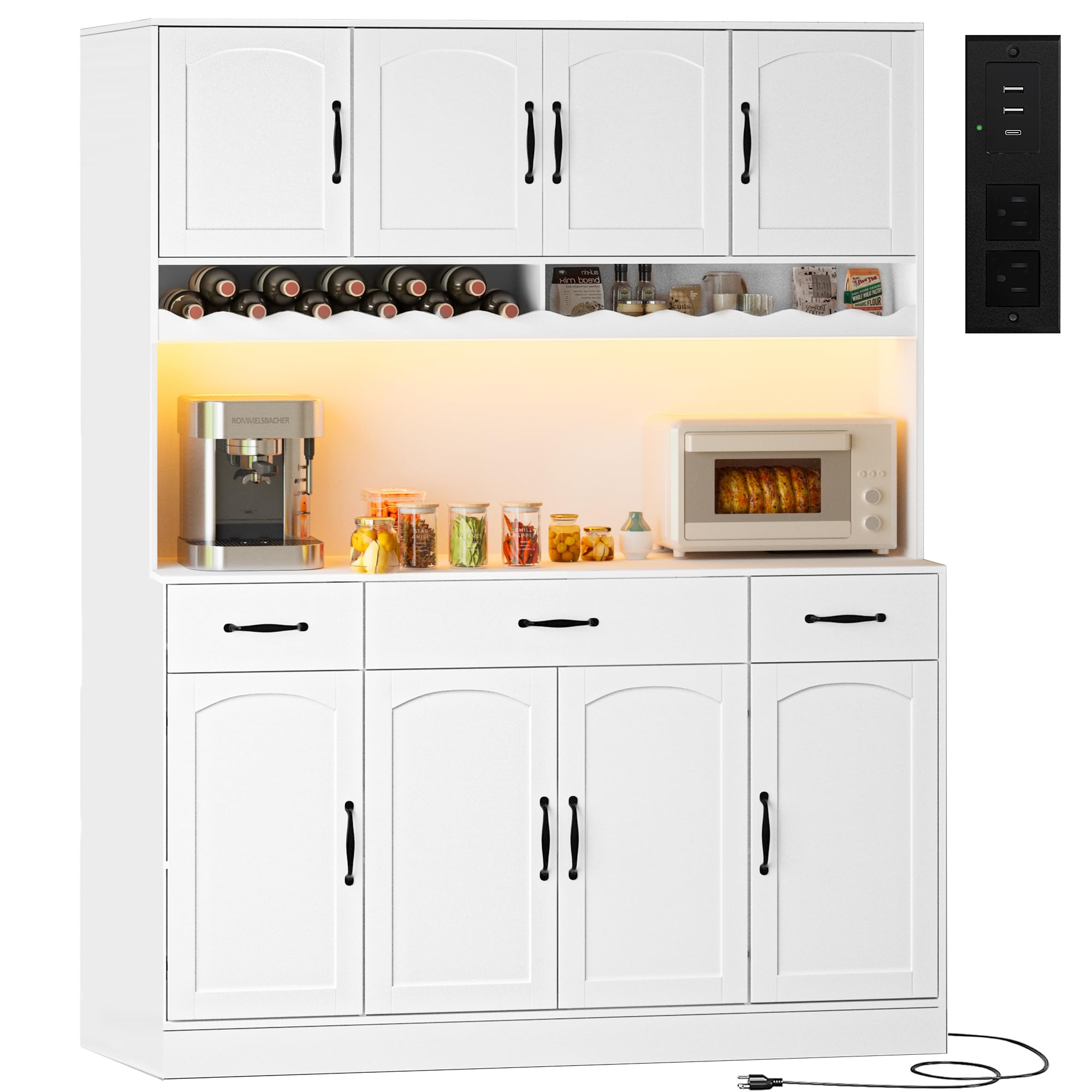 72" Tall Kitchen Pantry Cabinet with Charging Station 55" Wide Kitchen Hutch Cabinet with LED Light and Countertop Large Kitchen Pantry Storage Cabinet With Adjustable Shelves and Wine Rack