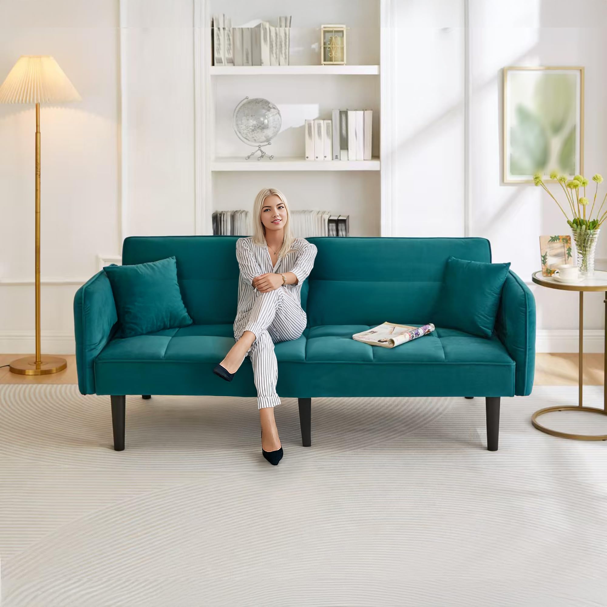 Couch 2 Sitzer mit Unabhängig Verstellbare Rückenlehnen Zweisitzer Sofa Samtbezug Klappbaren Armlehnen mit Schlaffunktion Jugendsofa für Kleine Käume Wohnzimmer Grün Küche, Haushalt & Wohnen