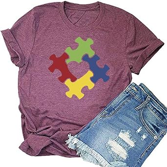 Qbily Womens Love Autism Awareness Shirts Short Sleeve Round Neck Autistic Support Graphic Tees Tops