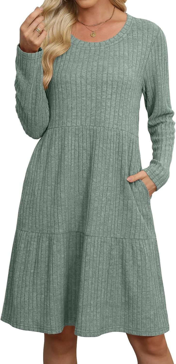 AYIFU Women's Long Sleeve Sweater Dress Crew Neck Empire Waist Tunic Dress Casual Winter Fall Dress with Pockets