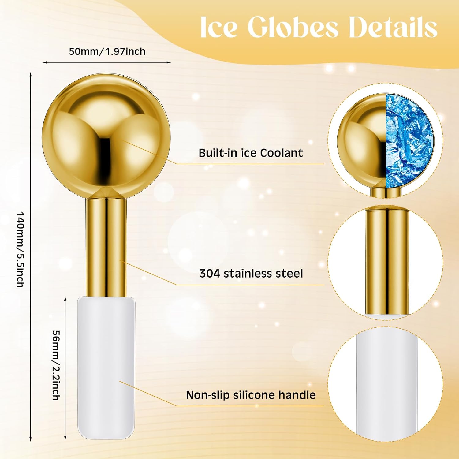 Baderke 2 Pcs Ice Globes for Face Stainless Steel Cooling Globes Unbreakable Cooling Roller Women Ice Balls Cryo Sticks Facials Skin Care for Dark Circles, Puffiness(Gold (White Handle)) - Image 2