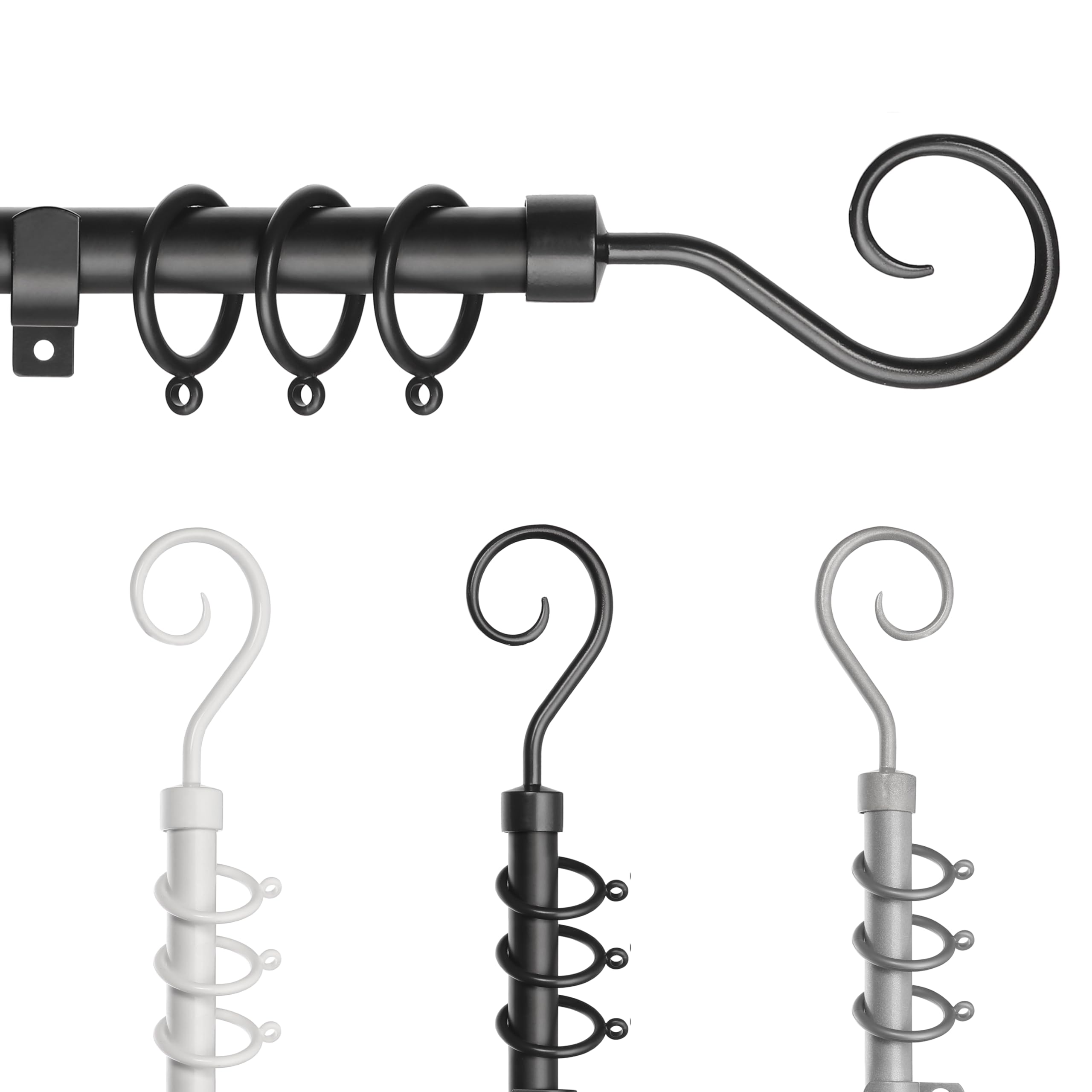 HOOK Curtain Poles for Window, Metal Extendable Curtain Poles Heavy Duty Curtain Rod Includes Finials, Rings, Brackets & Fittings Set (Black, ‎70cm to 120cm)