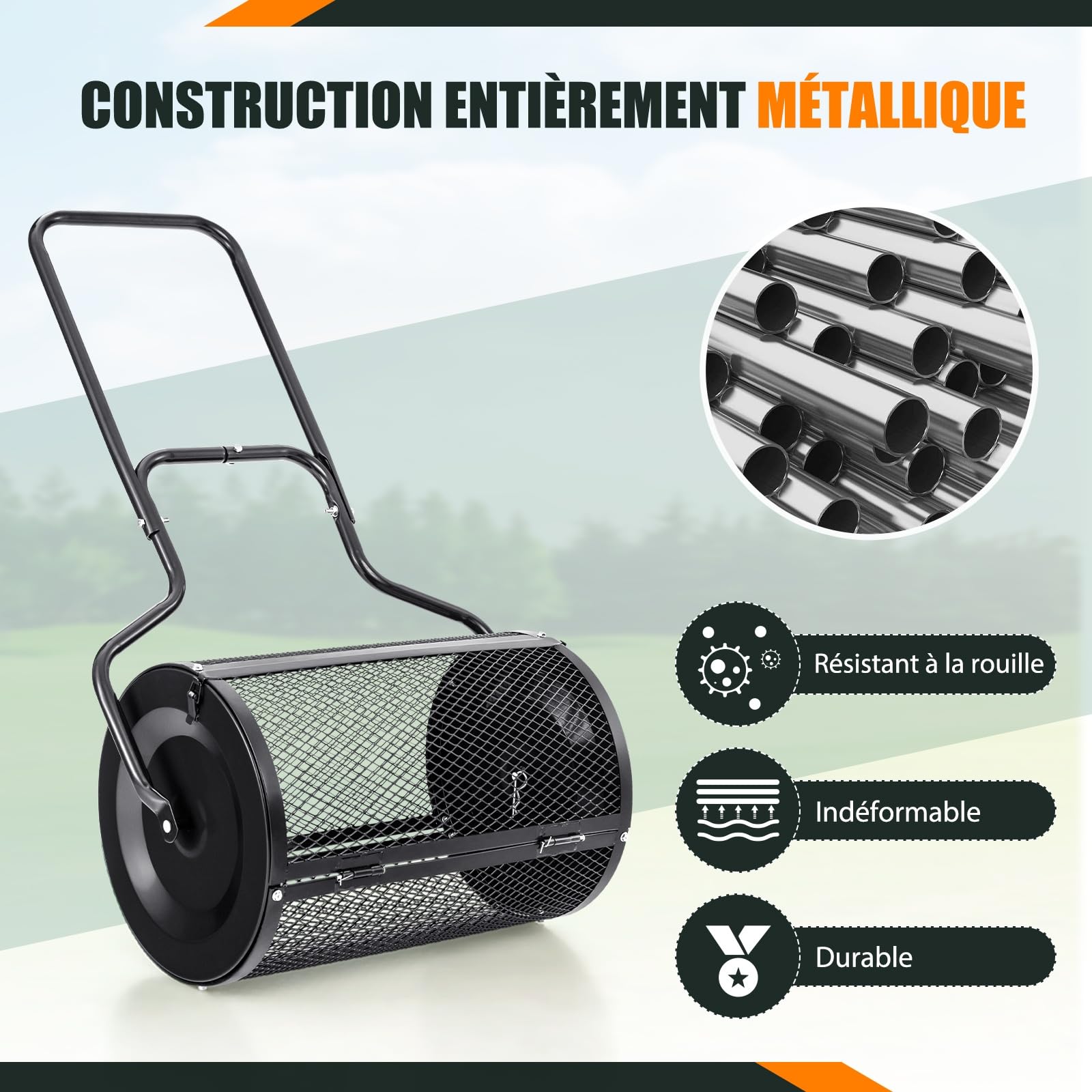 GOPLUS Épandeur de Compost d68cm pour Pelouses et Jardin, Capacité 75L, Épandeur en Treillis Métallique avec Double Loquets Latéraux, Épandeur de Fumier, de Terreau et de Paillis Roulant (Noir)