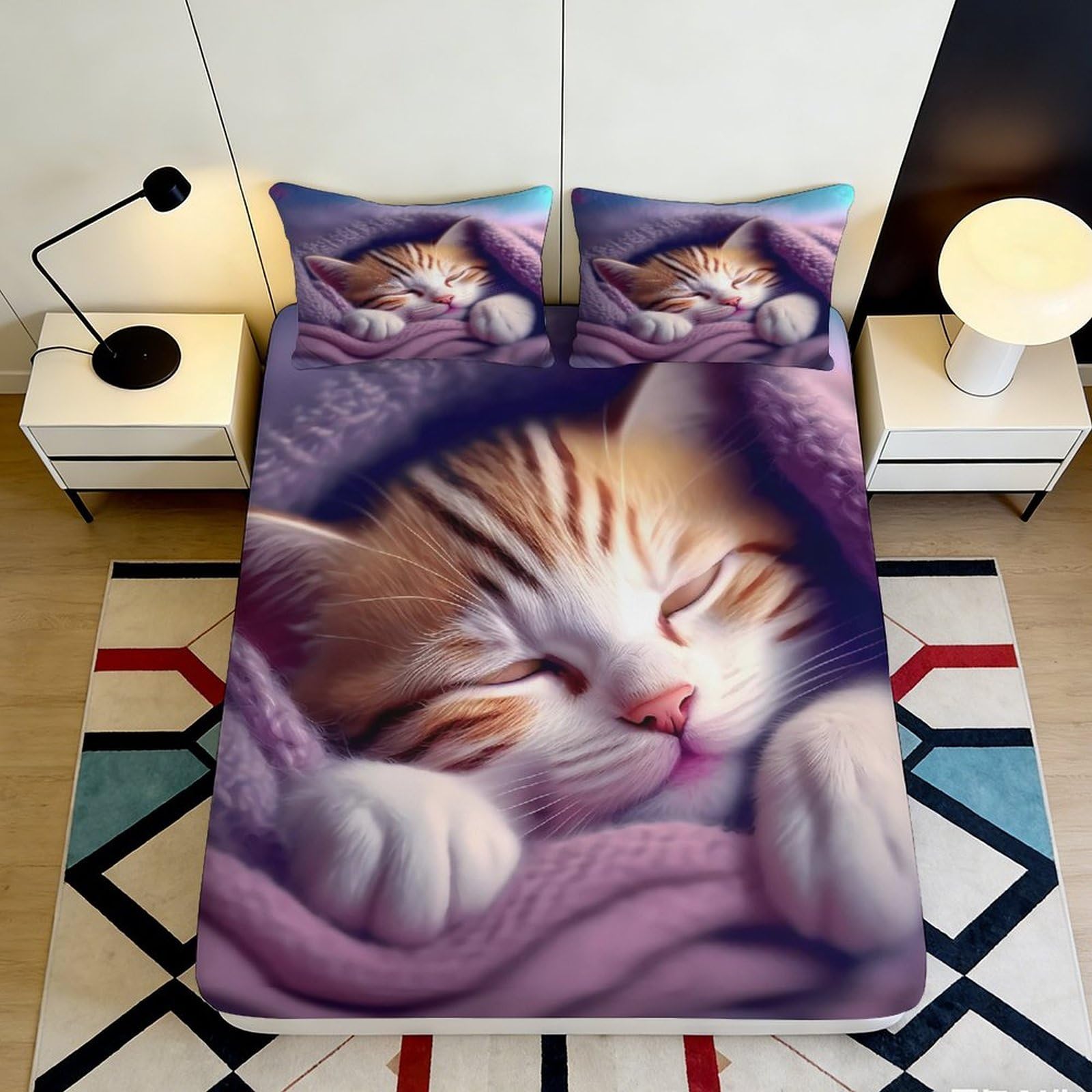 3D Printed Sleeping Cat Fitted Sheet Microfiber Soft Breathable Cozy Kitten Bed Cover for Bedroom Dormitory Guest Room Mattress Protection Decor 180x200x25cm
