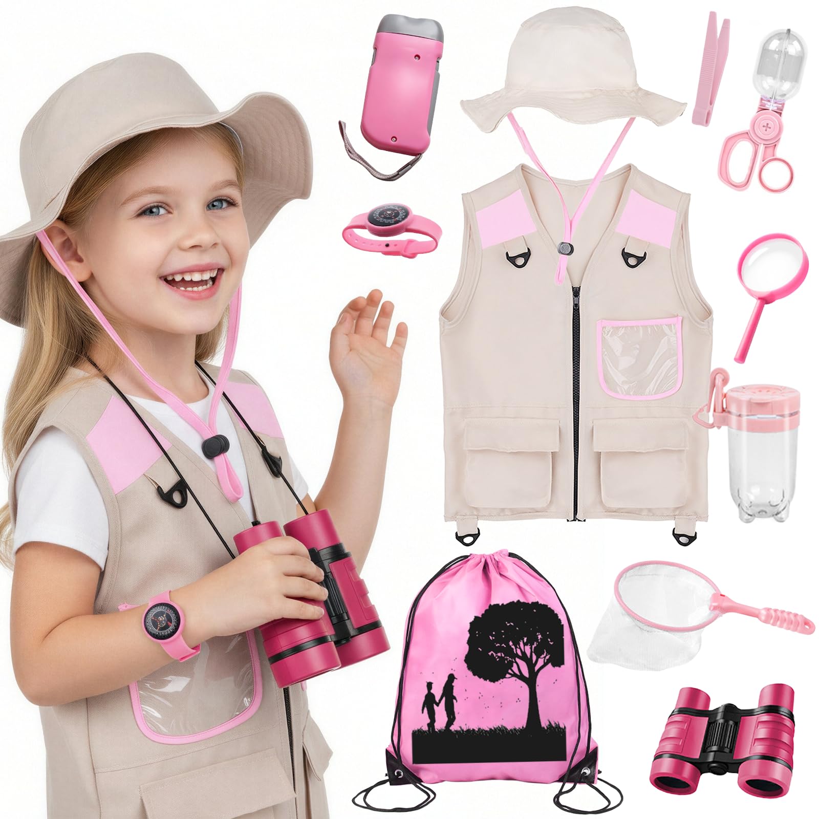 Xerteam Set de investigador para niños, 11 unidades, disfraz de safari con sombrero de explorador, chaleco, binoculares, red de mariposas, equipo de camping para niños de 3 a 10 años, juguete de