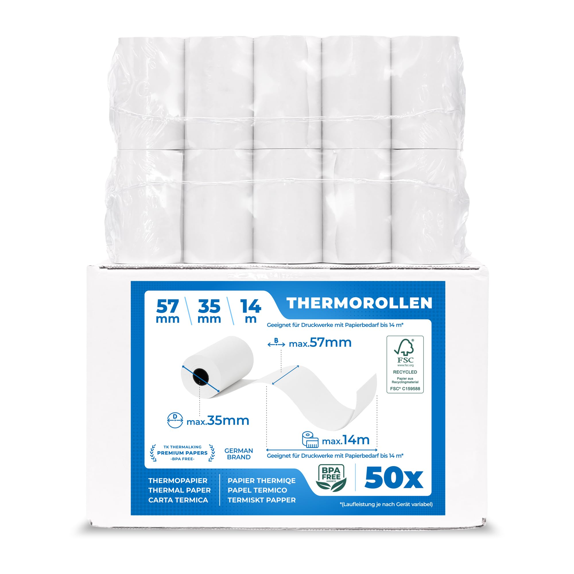 THERMALKING EC Cash Rollen Thermopapier 57mm x 35mm x 12mm - Thermorollen 57x35x12 für EC & Kredit-Kartenlesegeräte - Thermal Rolls for EC Device - Für Systeme bis 14m Papierbedarf (50 Stk)