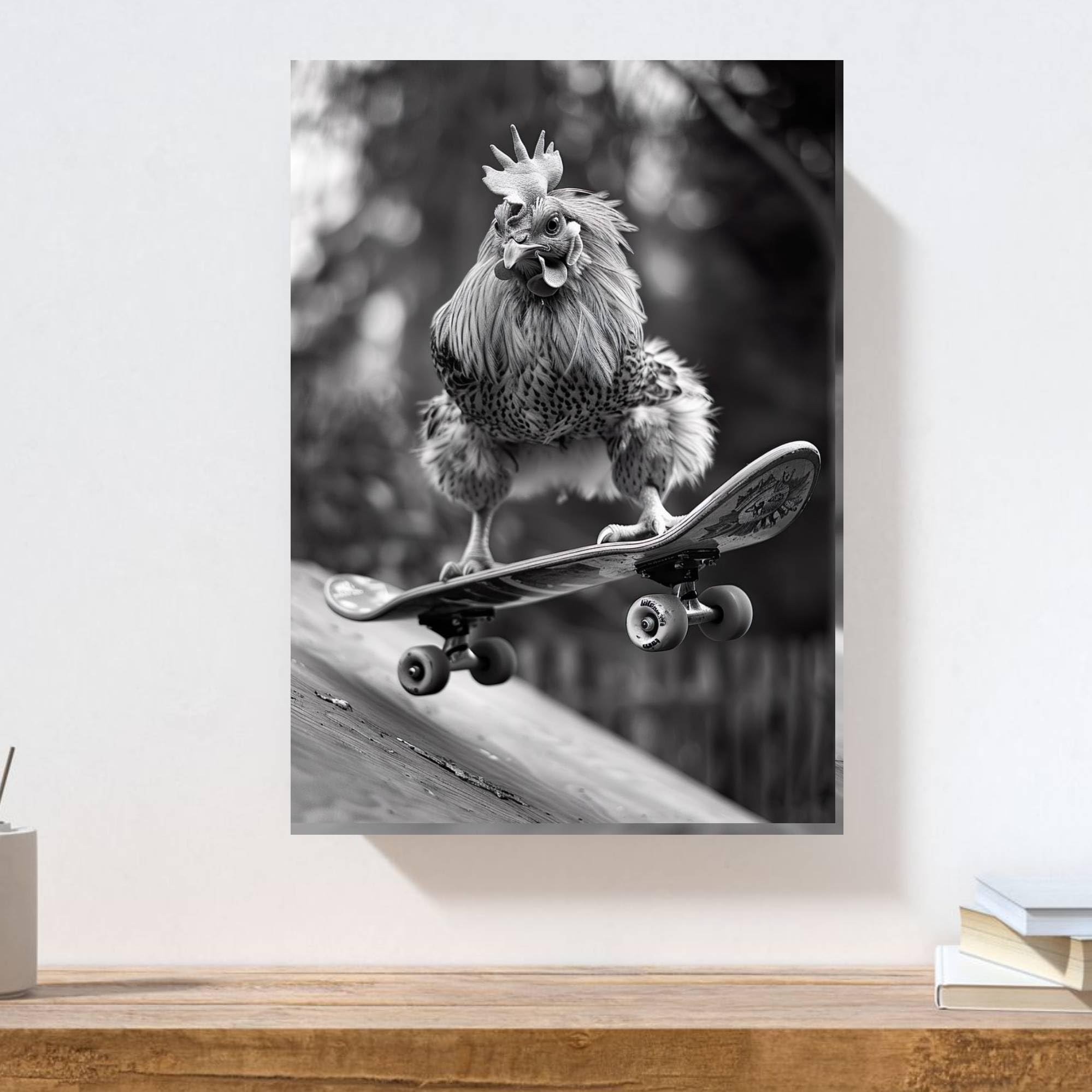 Gfc Black White Funny Chicken Skateboarding Skate Board Animal Print Picture Poster A4 Unframed Wall Art Home Decor Decorating Preppy