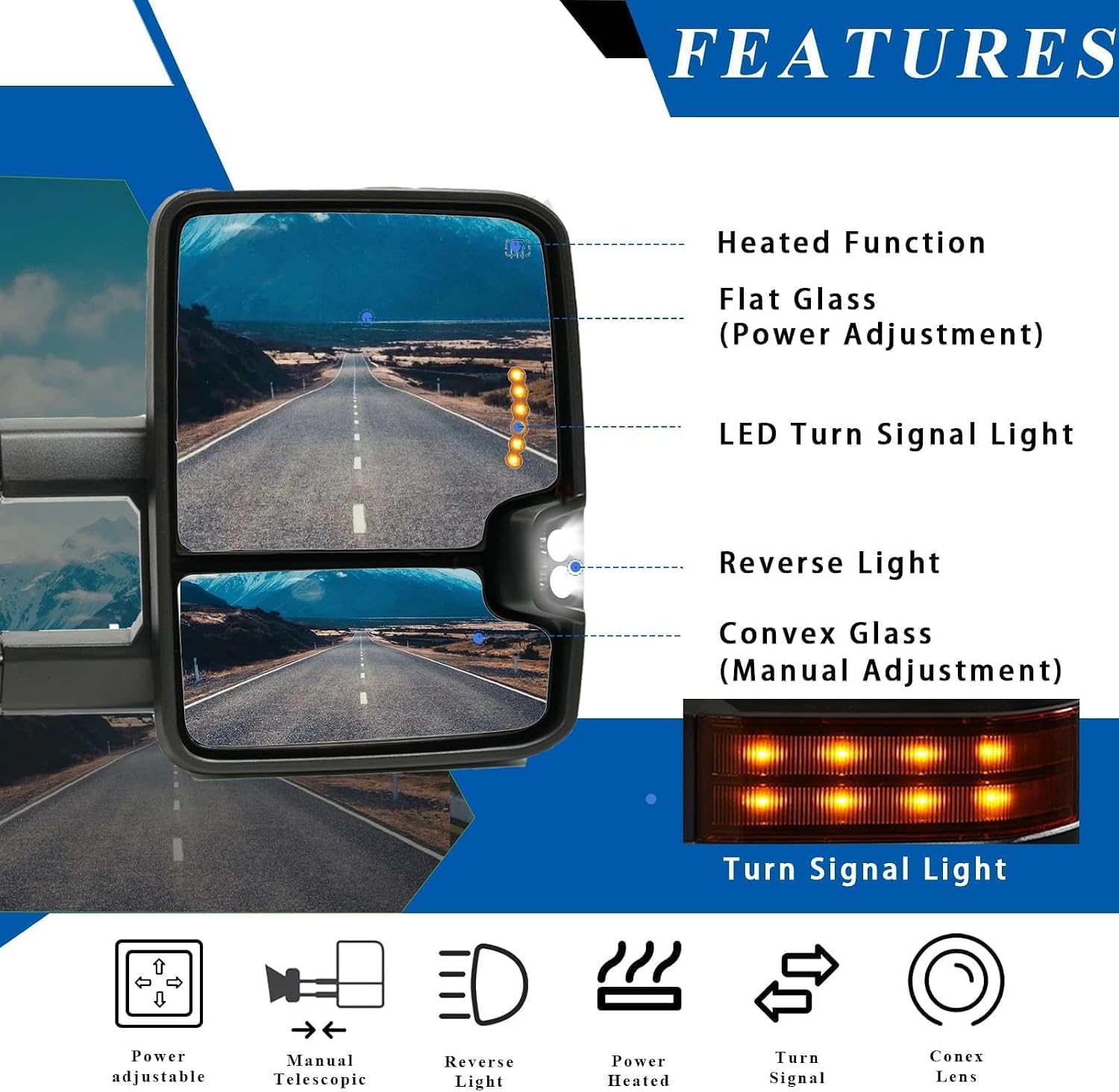 PZ Towing Mirrors Fit for 2014-2018 Chevy Silverado GMC Sierra 1500 2500HD 3500HD Black Power Heated Arrow Light Amber Turn LED Signal Clearance Lamp Pair Set