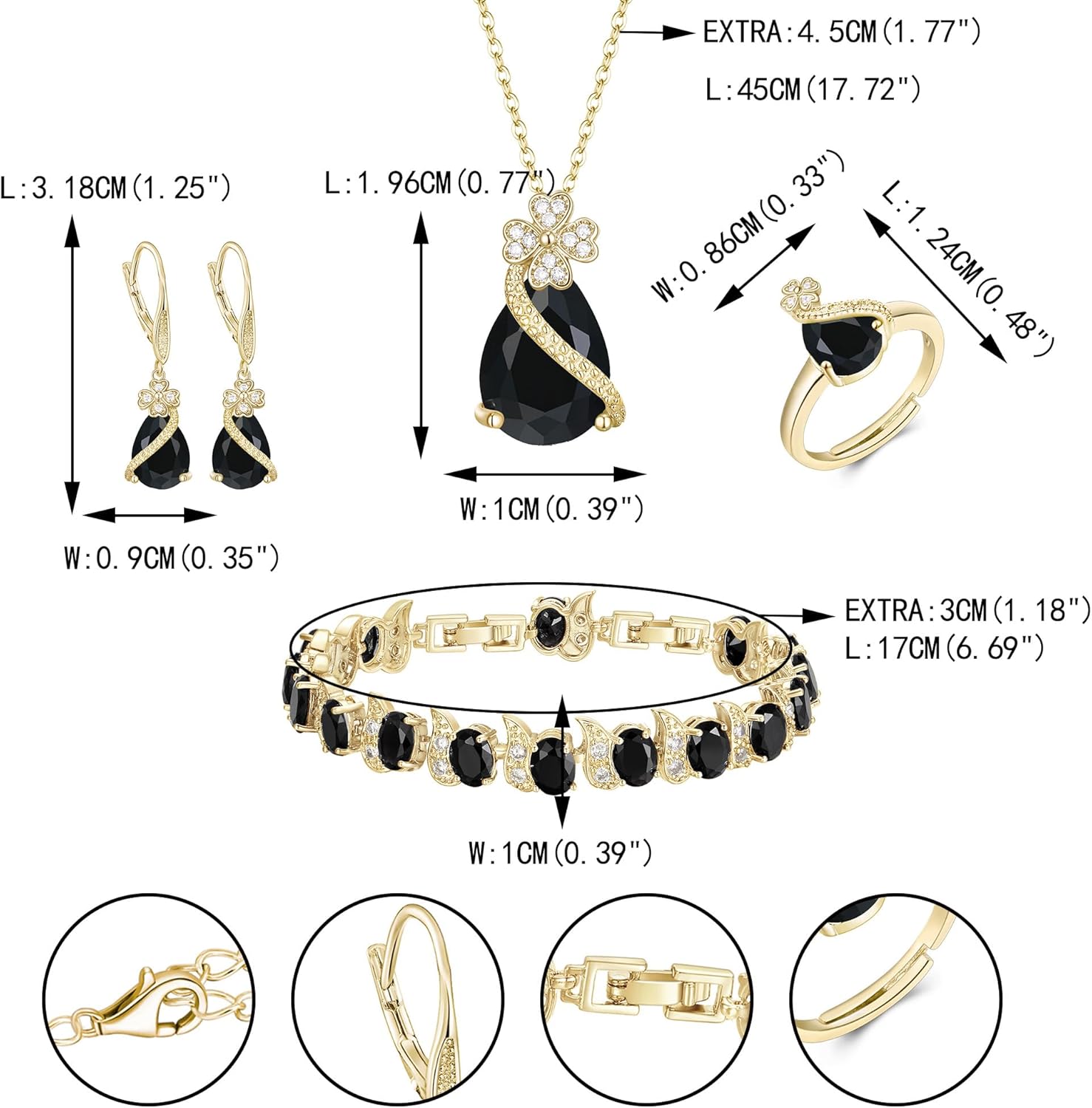 EVER FAITH Wedding Prom Four Clovers Jewelry Set for Women, Teardrop Cubic Zirconia Necklace Hoop Dangle Earrings Bracelet Open Ring Sets Anniversary Birthday Engagement Gift for Friend Lover Wife