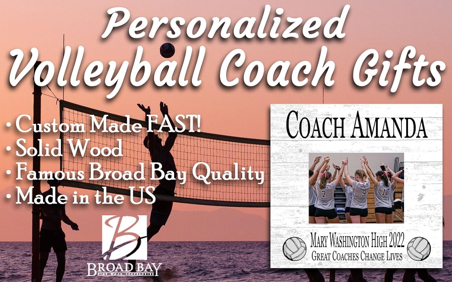 Broad Bay Volleyball Coach Gift Plaque with Photo - UPLOAD Team Picture - Frame Alternative Personalized Appreciation Award For End Of Season Coaches Present 10in x 10in (Volleyball)